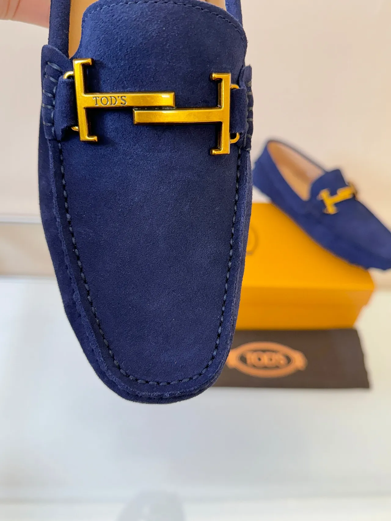 Tod's Gommino Navy Gold Suede Upper H-Bit Hardware Loafer