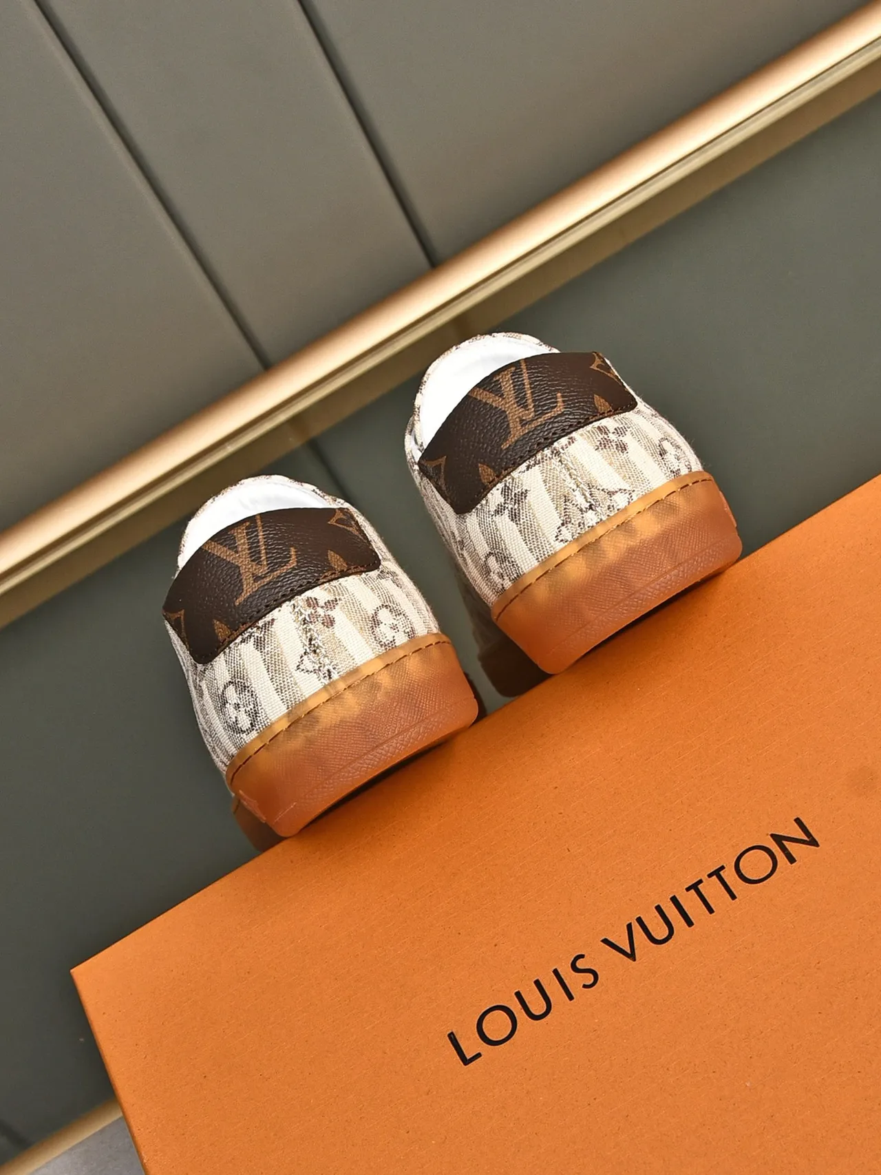 Louis Vuitton Beige Brown Monogram Stripe Canvas Gum Rubber Sole Lifestyle Sneakers