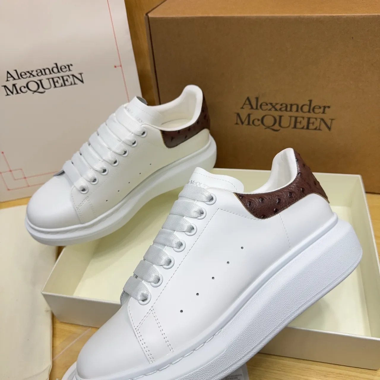 Alexander McQueen Oversized Sneaker White Brown Platform Sole Smooth Leather Upper Lifestyle Sneakers