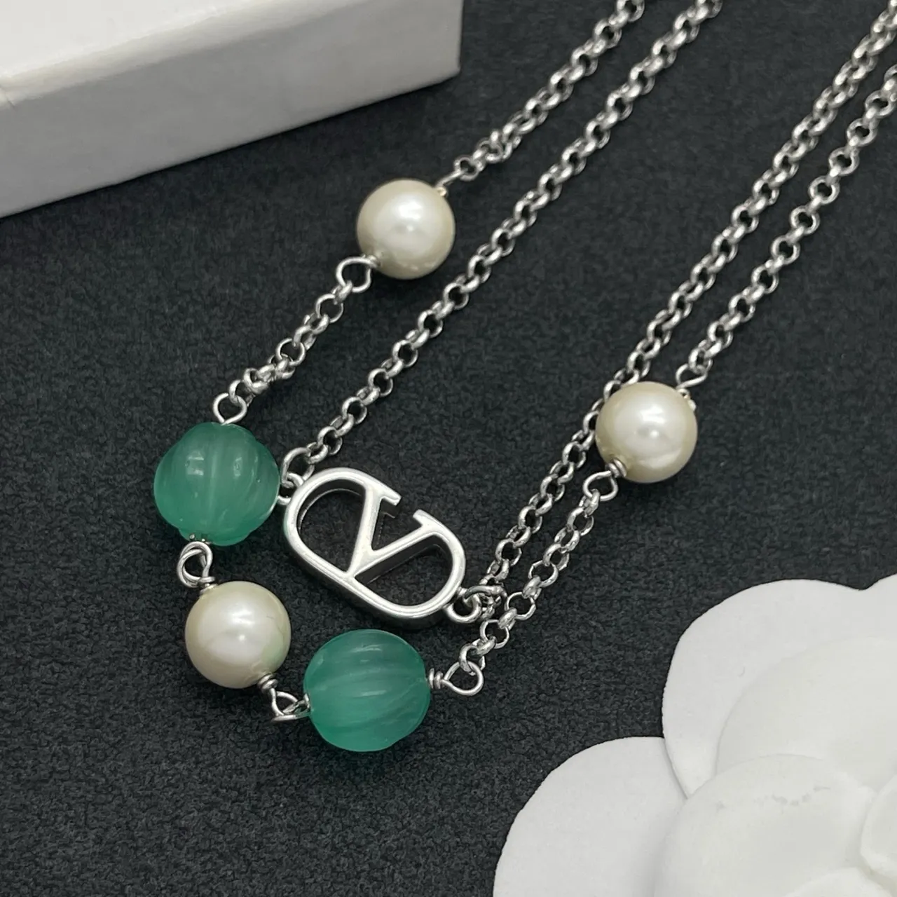 Valentino VLogo Double-Layer Pearl and Chalcedony Necklace