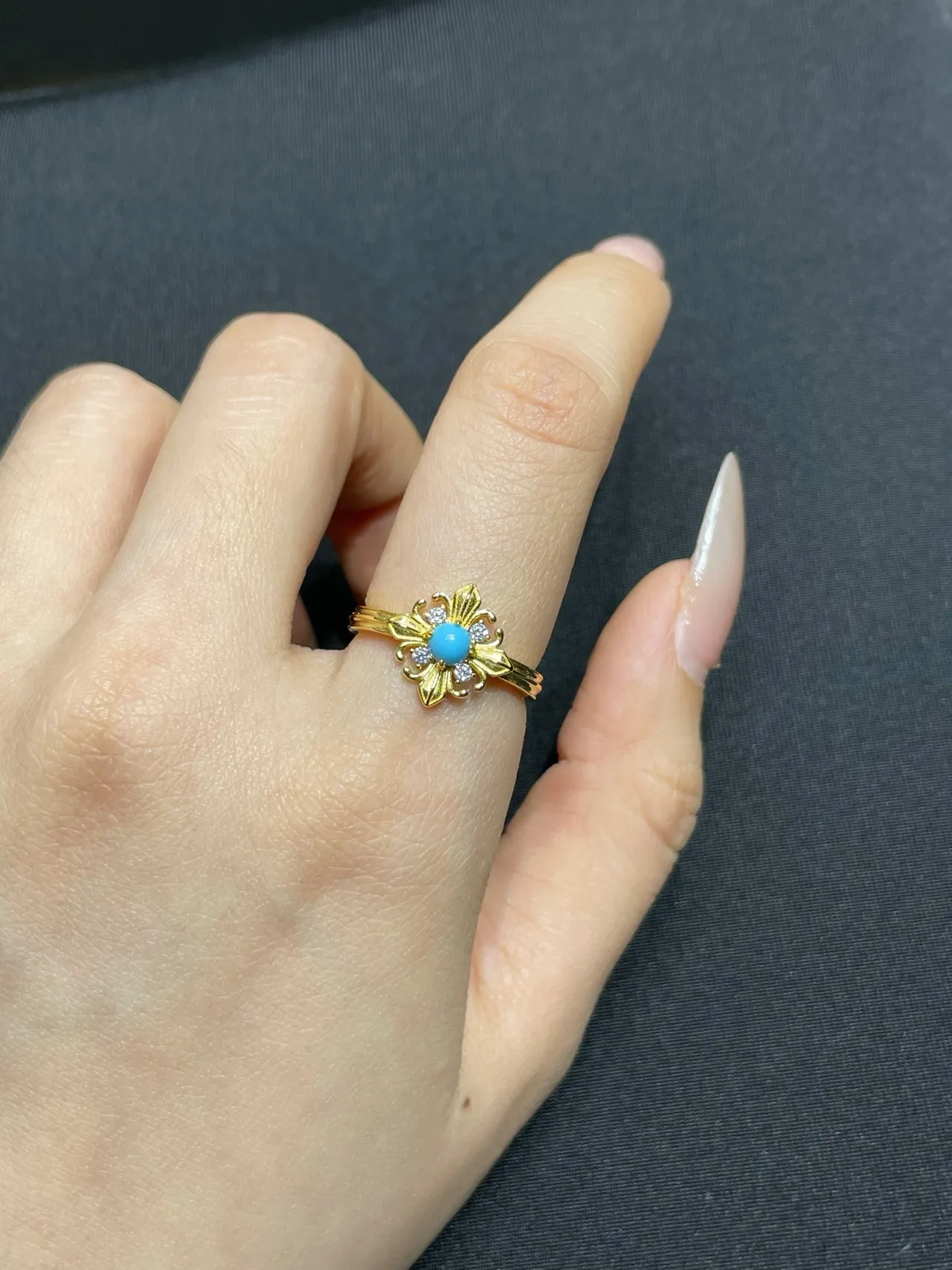 Gold Blue Floral Filigree Turquoise Cabochon Center Ring