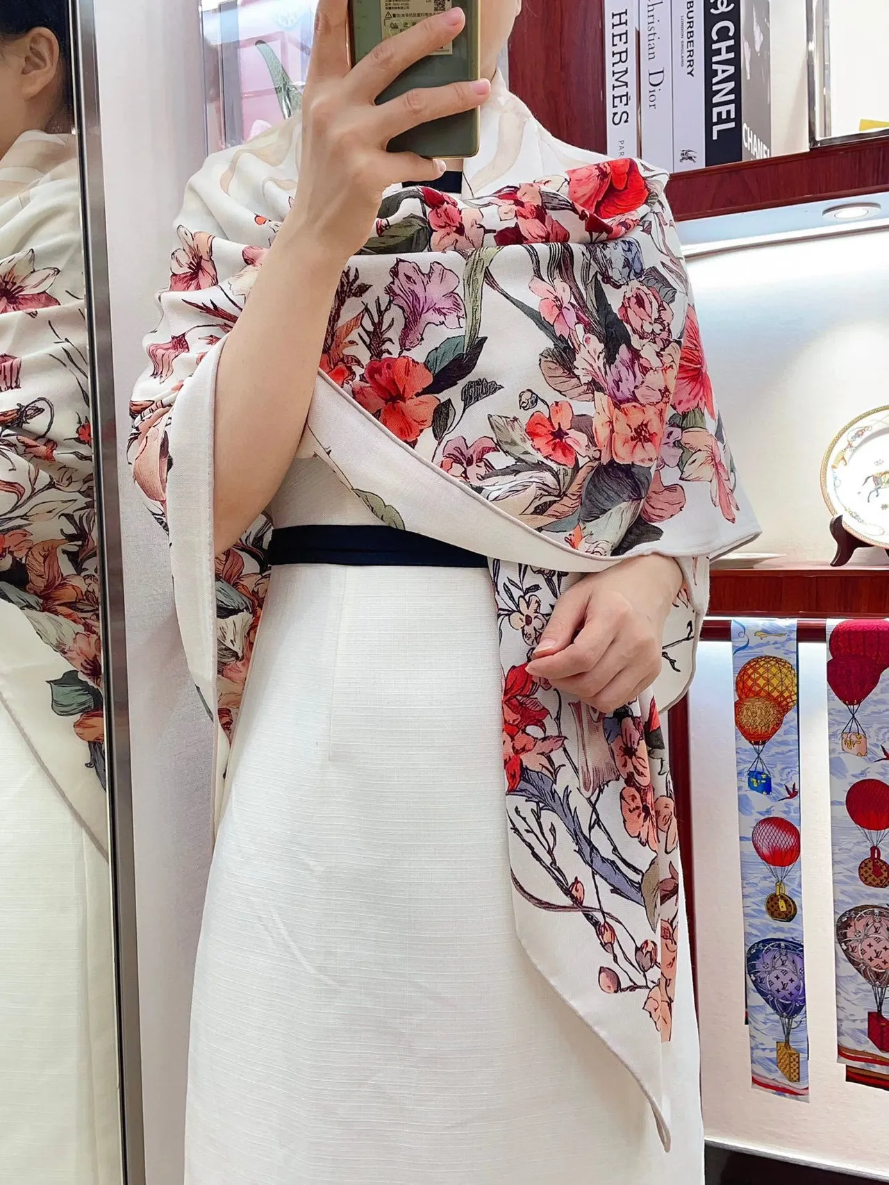 Dior Floral-Print Cream Silk Scarf