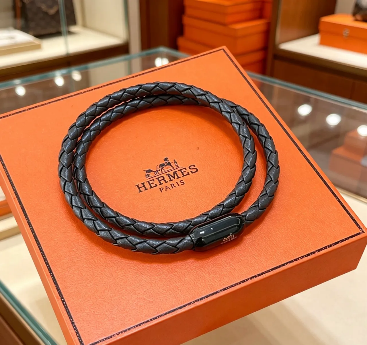 Hermès Braided Leather Black Bracelet