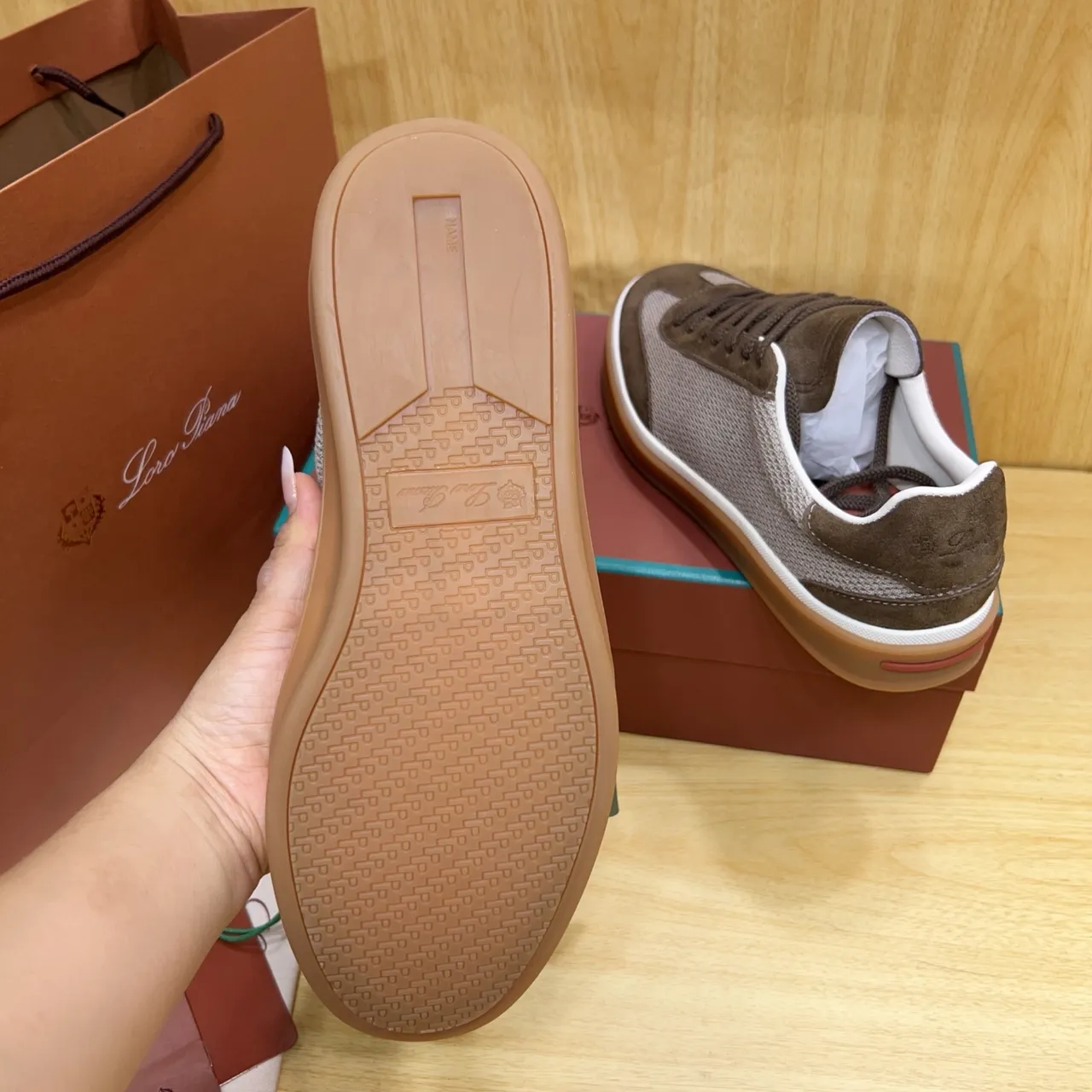 Loro Piana Brown and Gray Suede Mesh Lifestyle Sneaker
