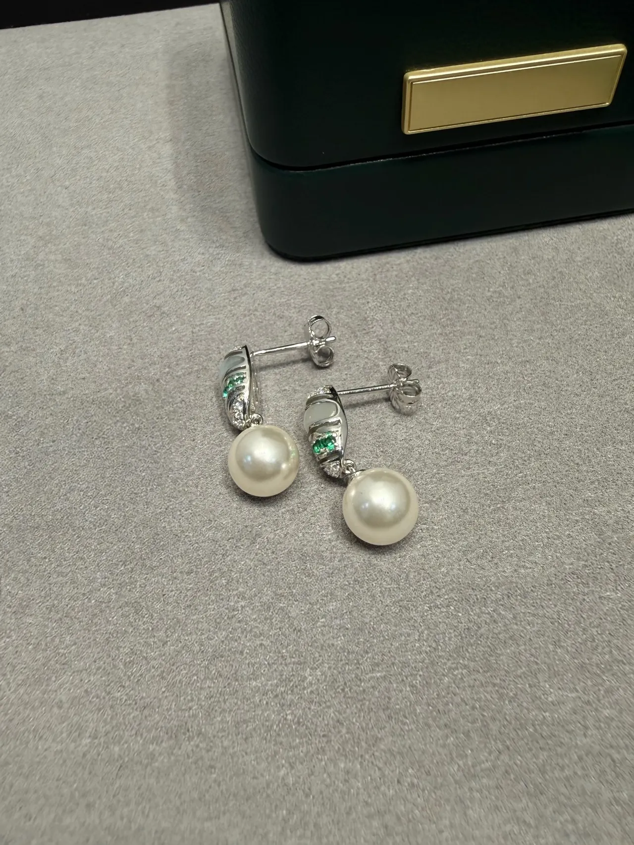 White Green Dangling Pearl-Drop Earrings