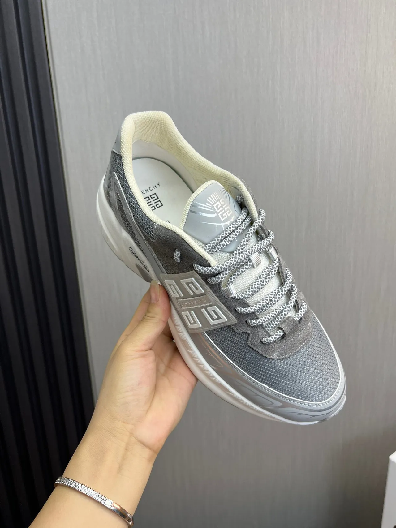 Givenchy Gray White Sole Mesh-Suede Hybrid Upper Chunky Sneakers