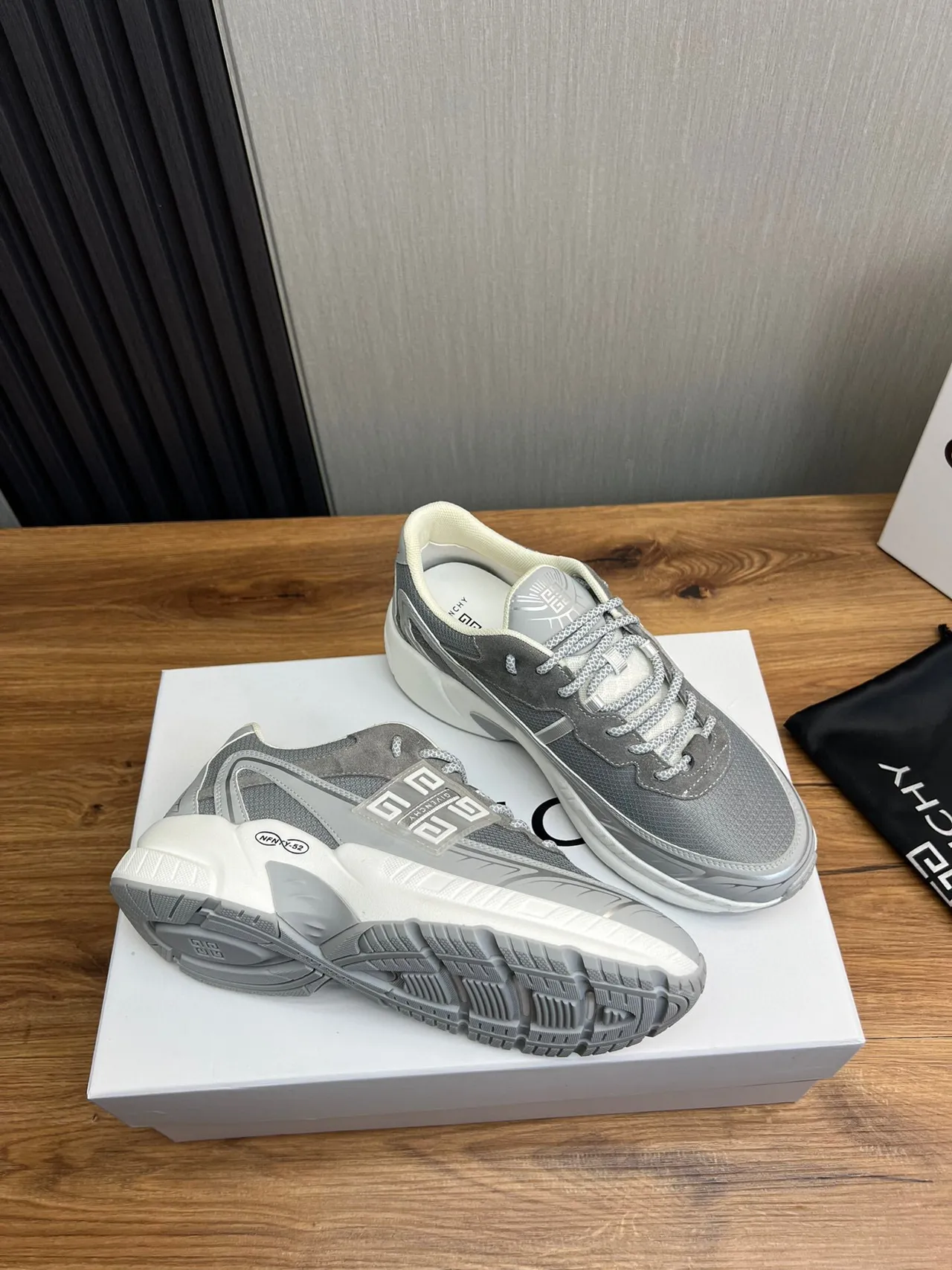 Givenchy Gray White Sole Mesh-Suede Hybrid Upper Chunky Sneakers