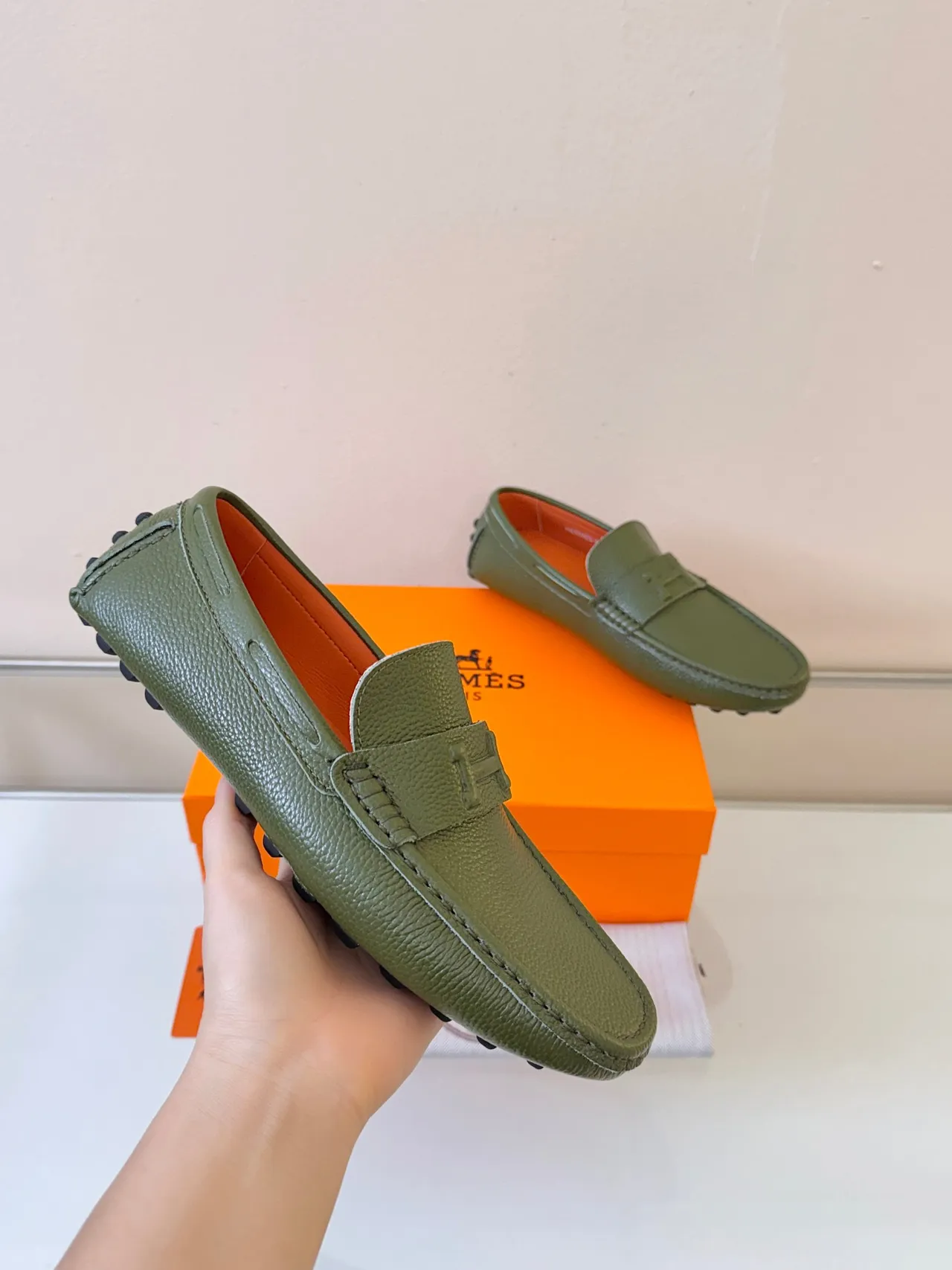 Hermès Oran Loafer Olive Green Pebbled Leather Loafers