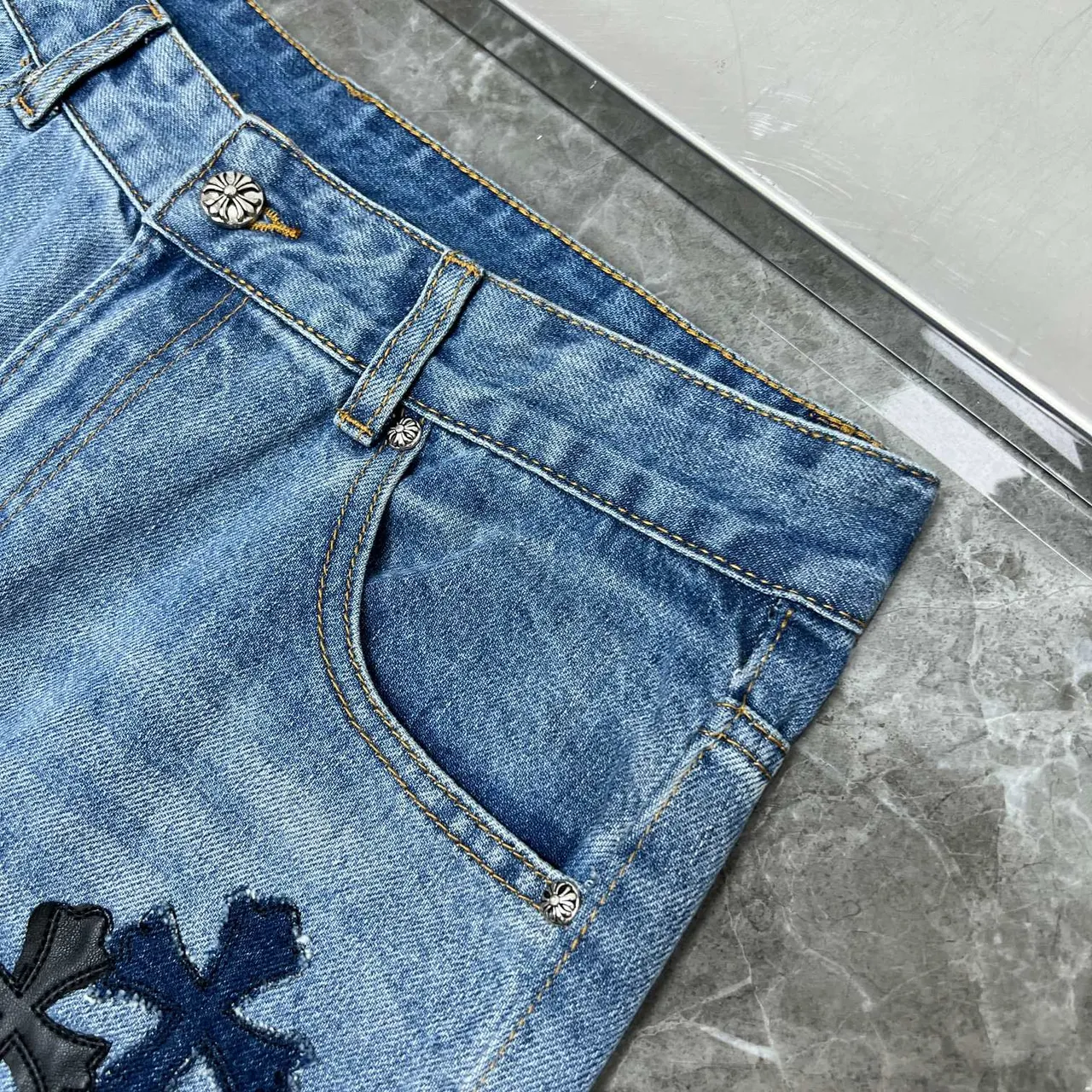Chrome Hearts Cross Appliqué Light Wash Denim Jeans
