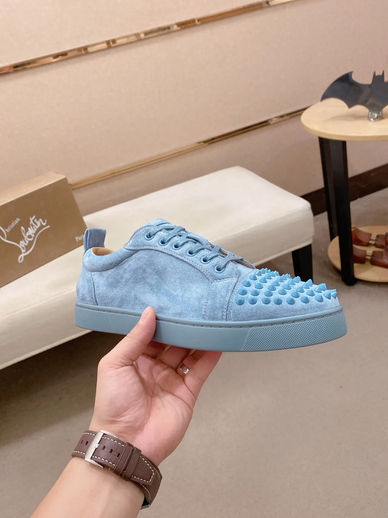 Christian Louboutin Lou Spikes Light Blue Suede Lifestyle Sneakers