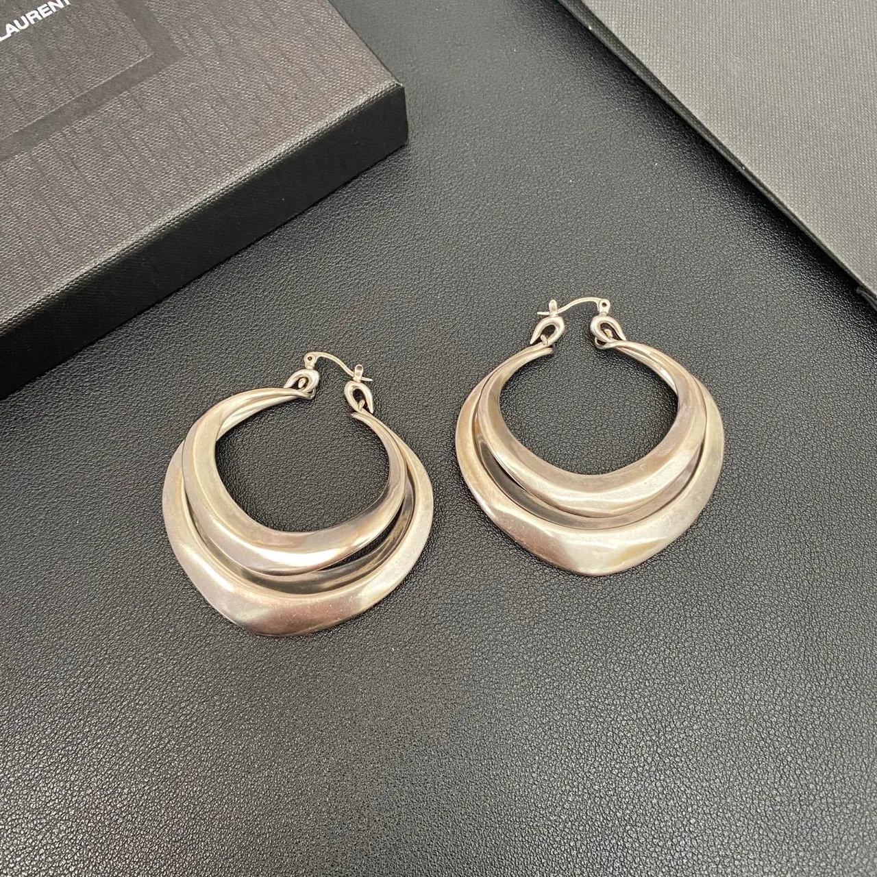 Saint Laurent Silver Triple-Layered Asymmetrical Hoop Earrings
