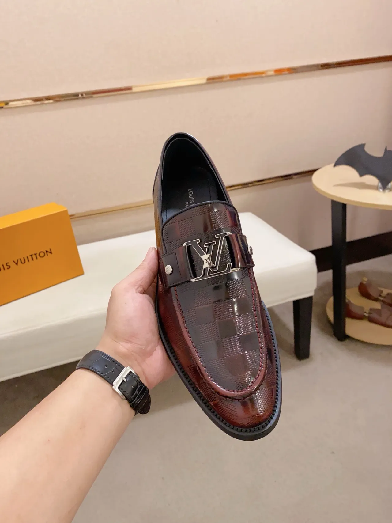 Louis Vuitton Loafer Burgundy Checkered Patent Leather Loafers