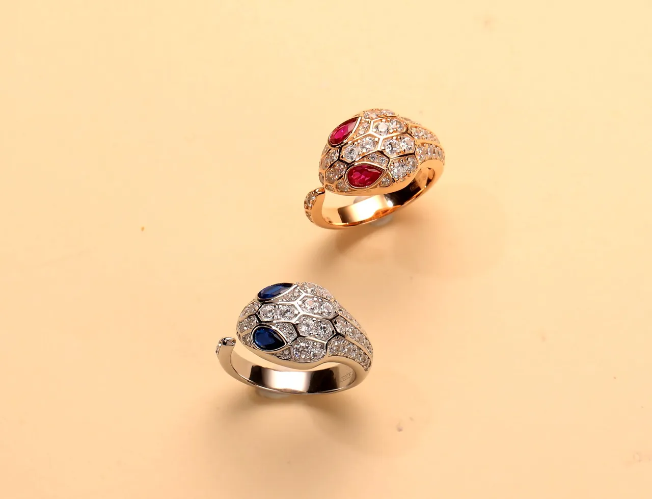 Gold Blue Snake Motif Pavé-Set Scales Ring