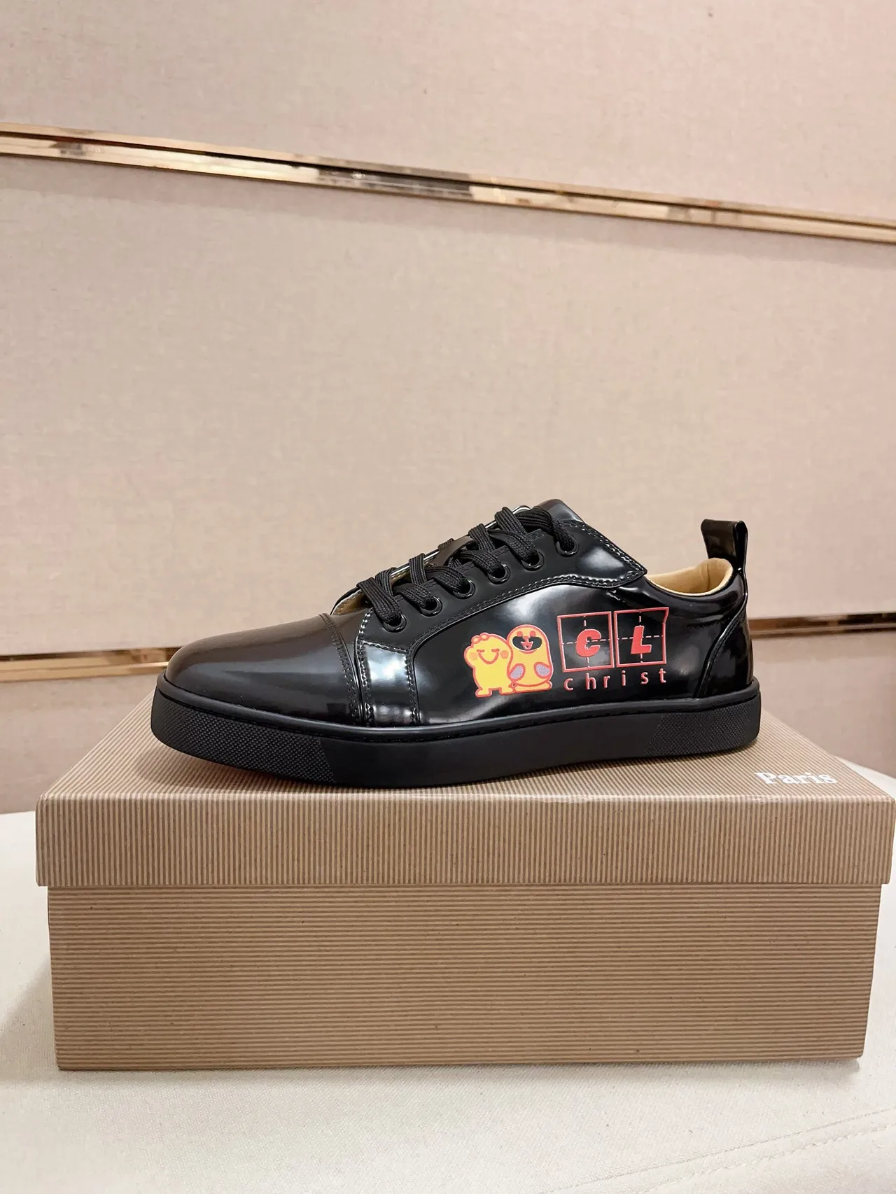 Christian Louboutin Black Orange Glossy Patent Leather Cap-Toe Construction Sneakers