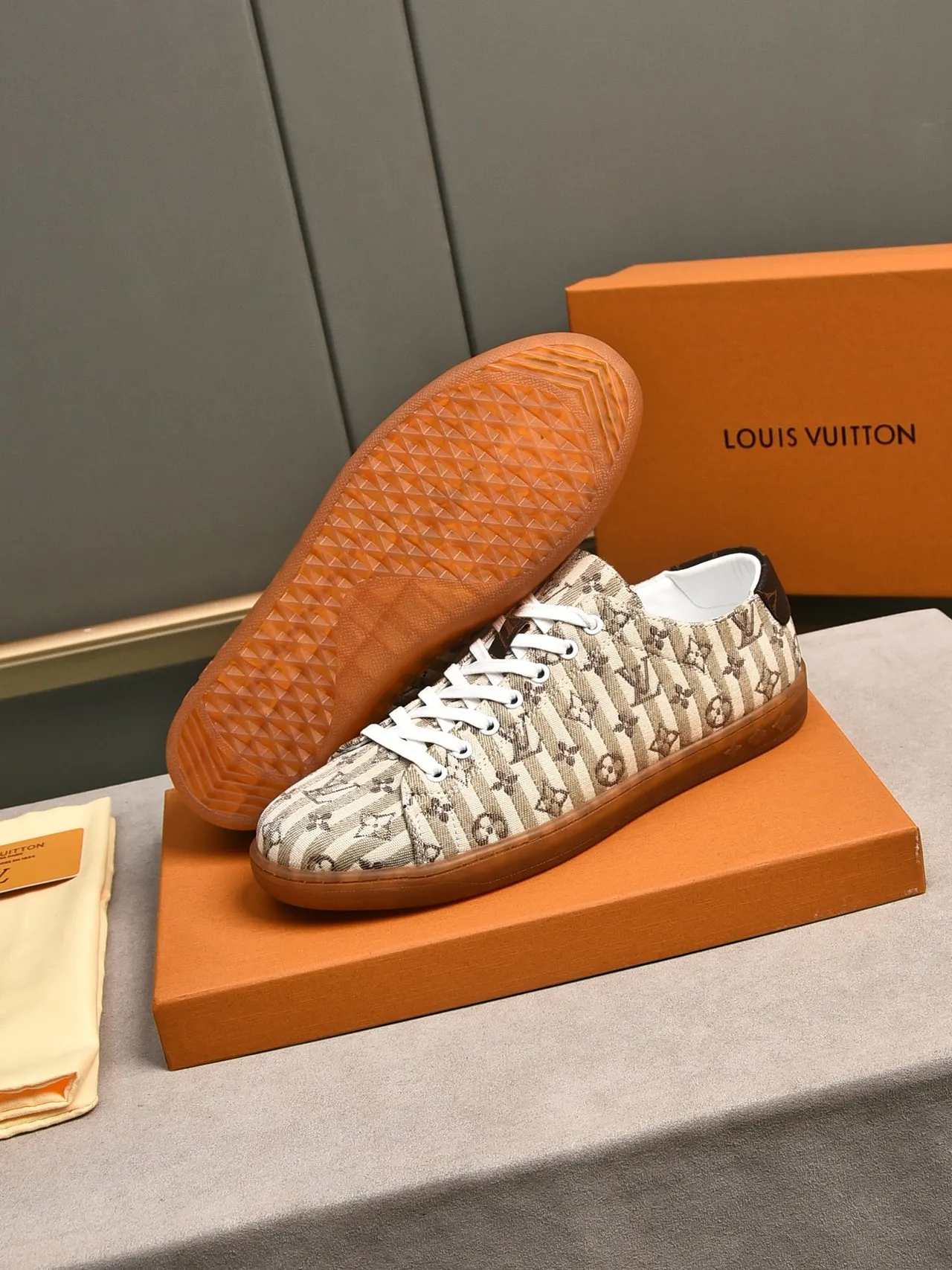 Louis Vuitton Beige Brown Monogram Stripe Canvas Gum Rubber Sole Lifestyle Sneakers