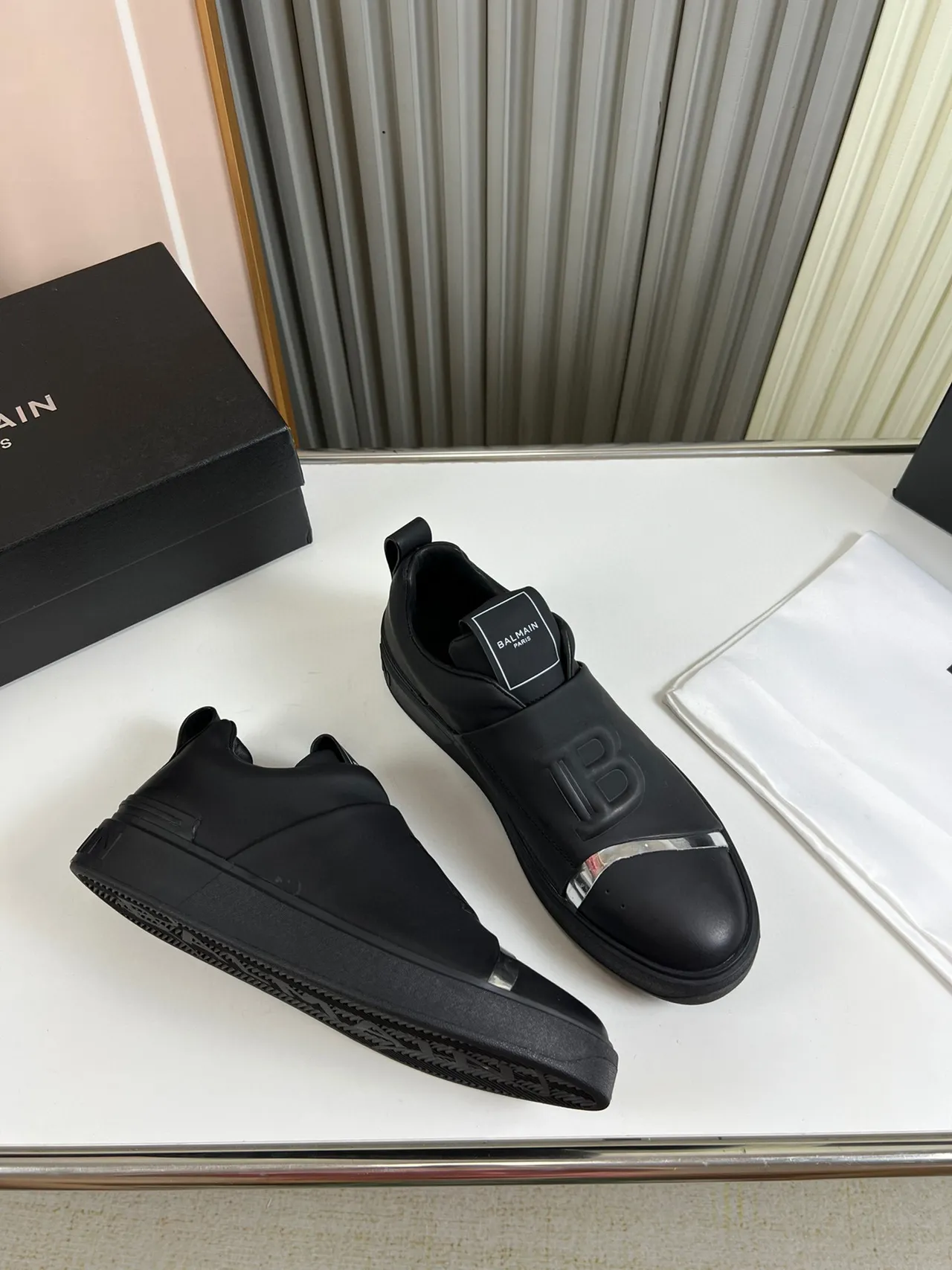 Balmain Black Silver Slip-On Leather Upper Lifestyle Sneakers