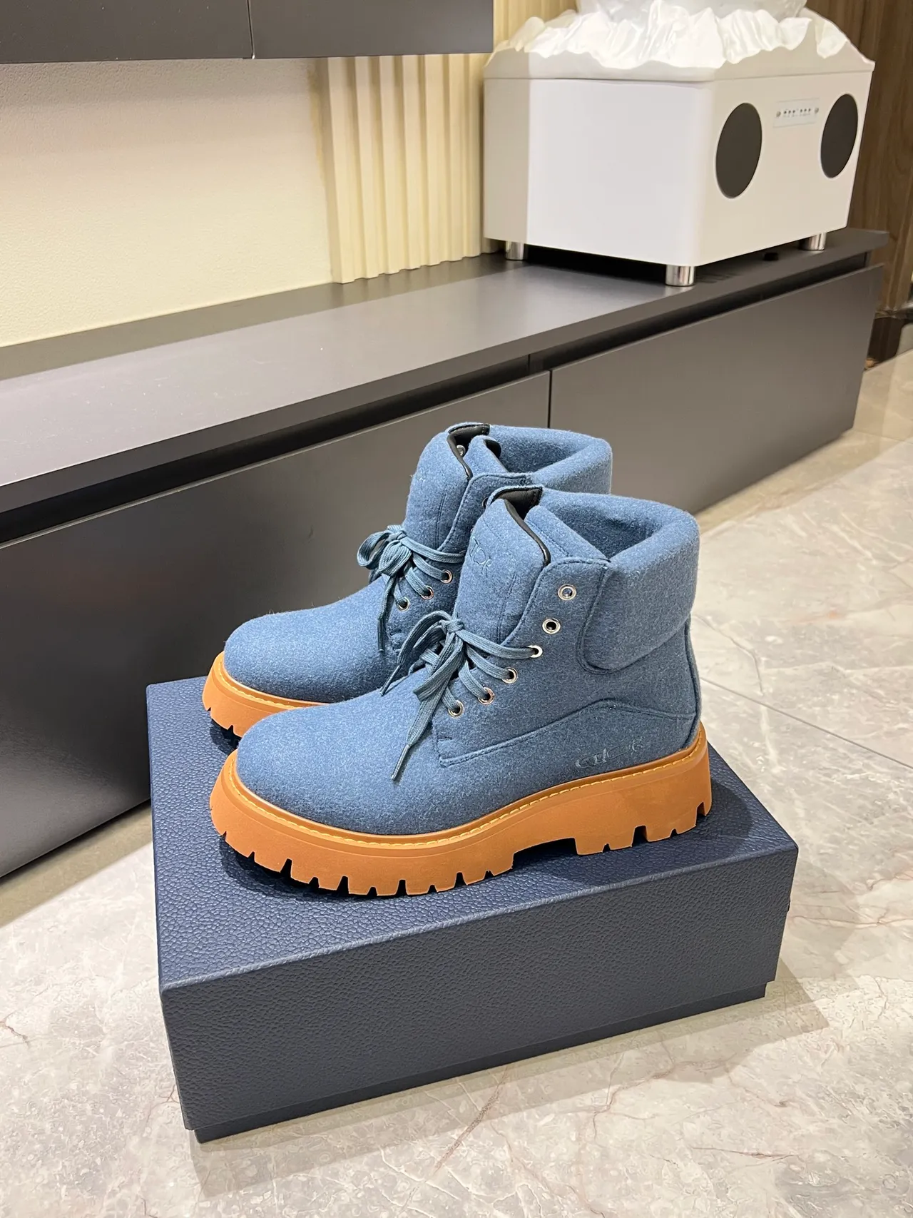 Blue Beige Felt Upper Chunky Lug Sole Ankle Boots