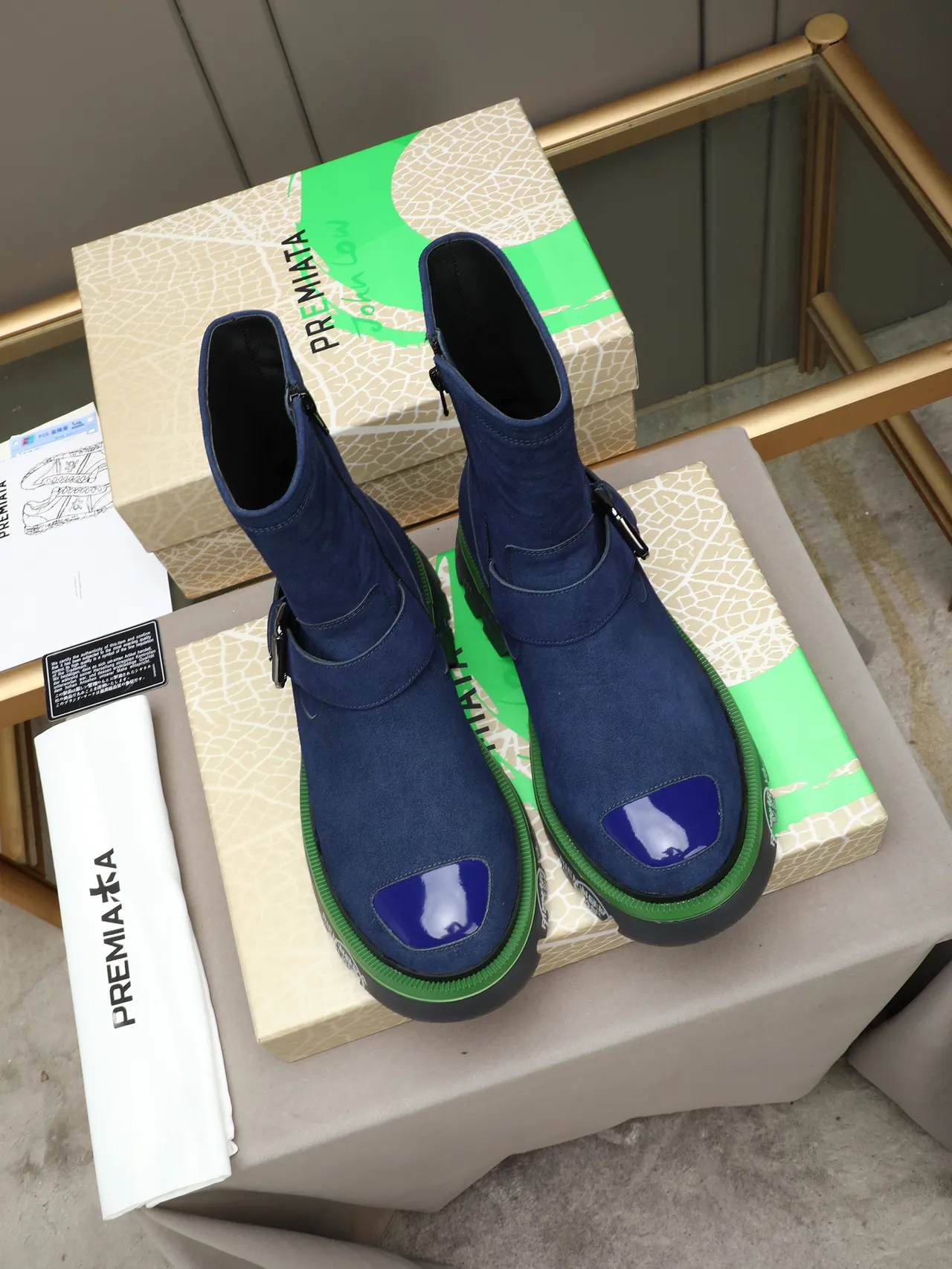 Premiata Blue Suede Buckle Strap Platform Ankle Boot