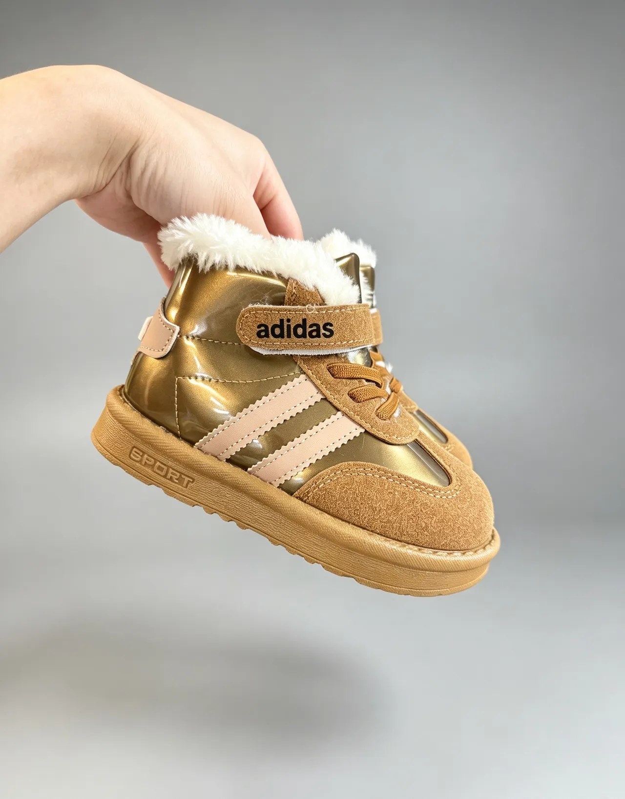 Adidas Brown White Fur-Lined Collar Three-Stripe Side Panel Snow Boots