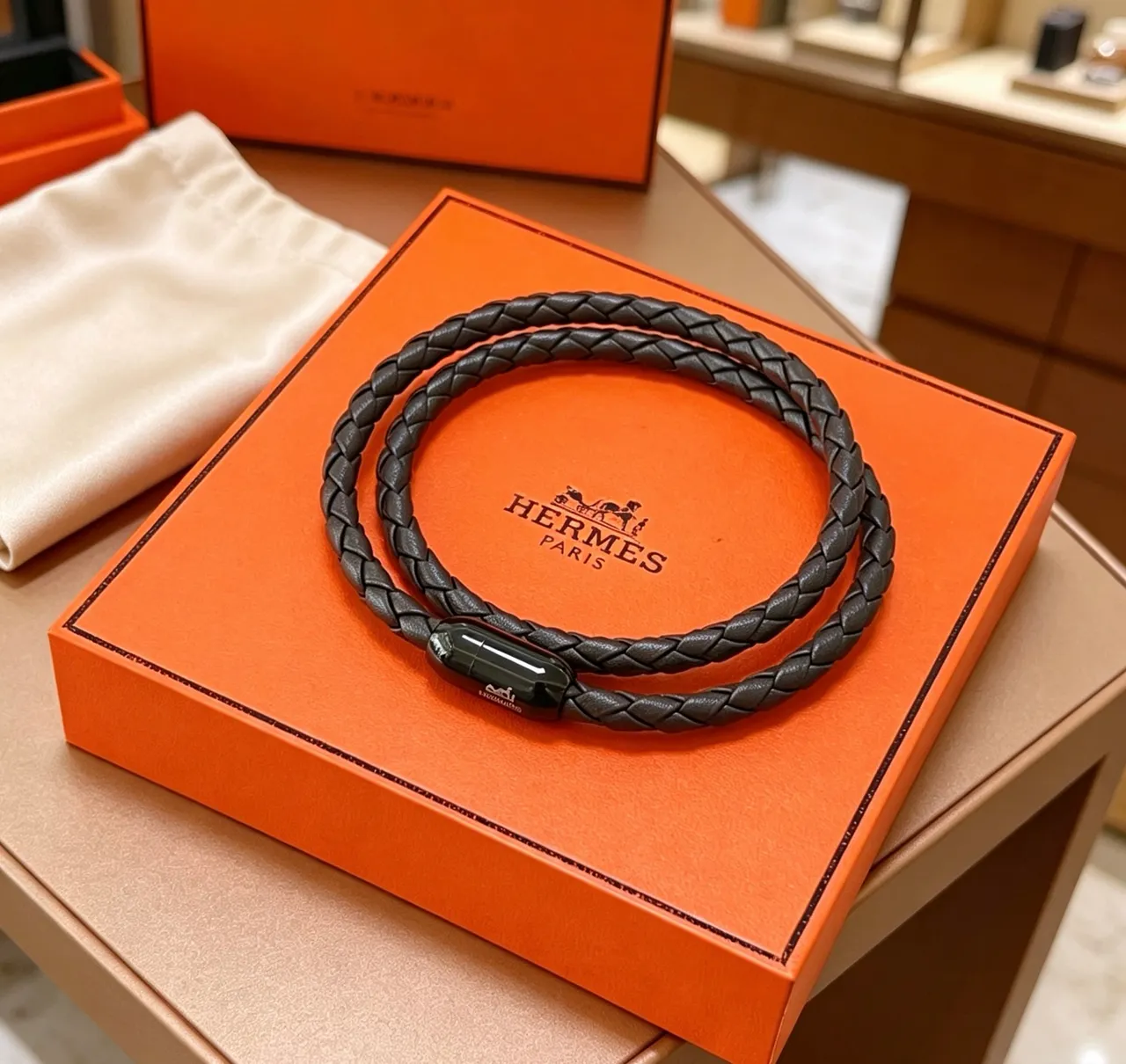 Hermès Braided Leather Black Bracelet