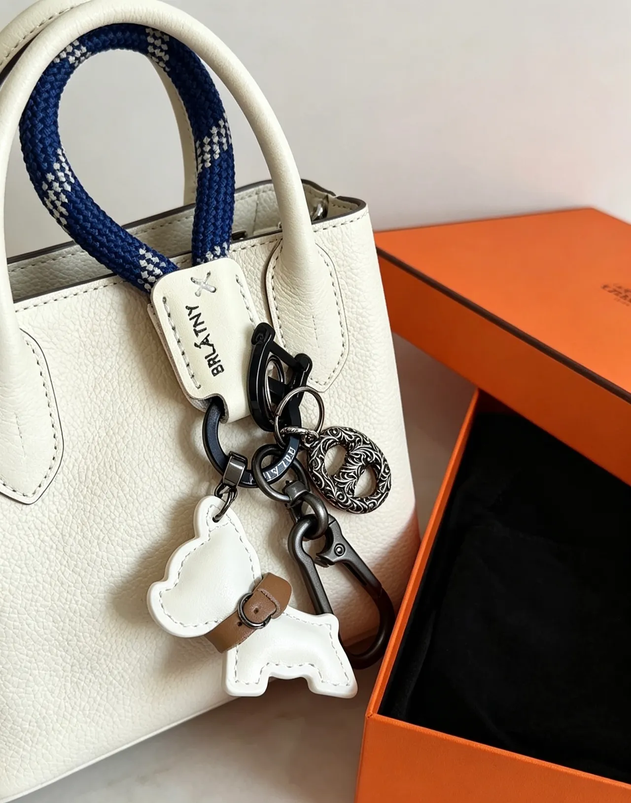Hermès Dog Charm Keychain White Navy Leather Rope Loop Handbag