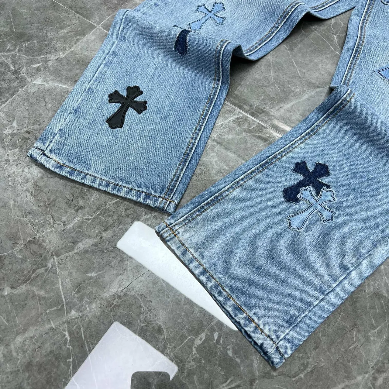 Chrome Hearts Cross Appliqué Light Wash Denim Jeans