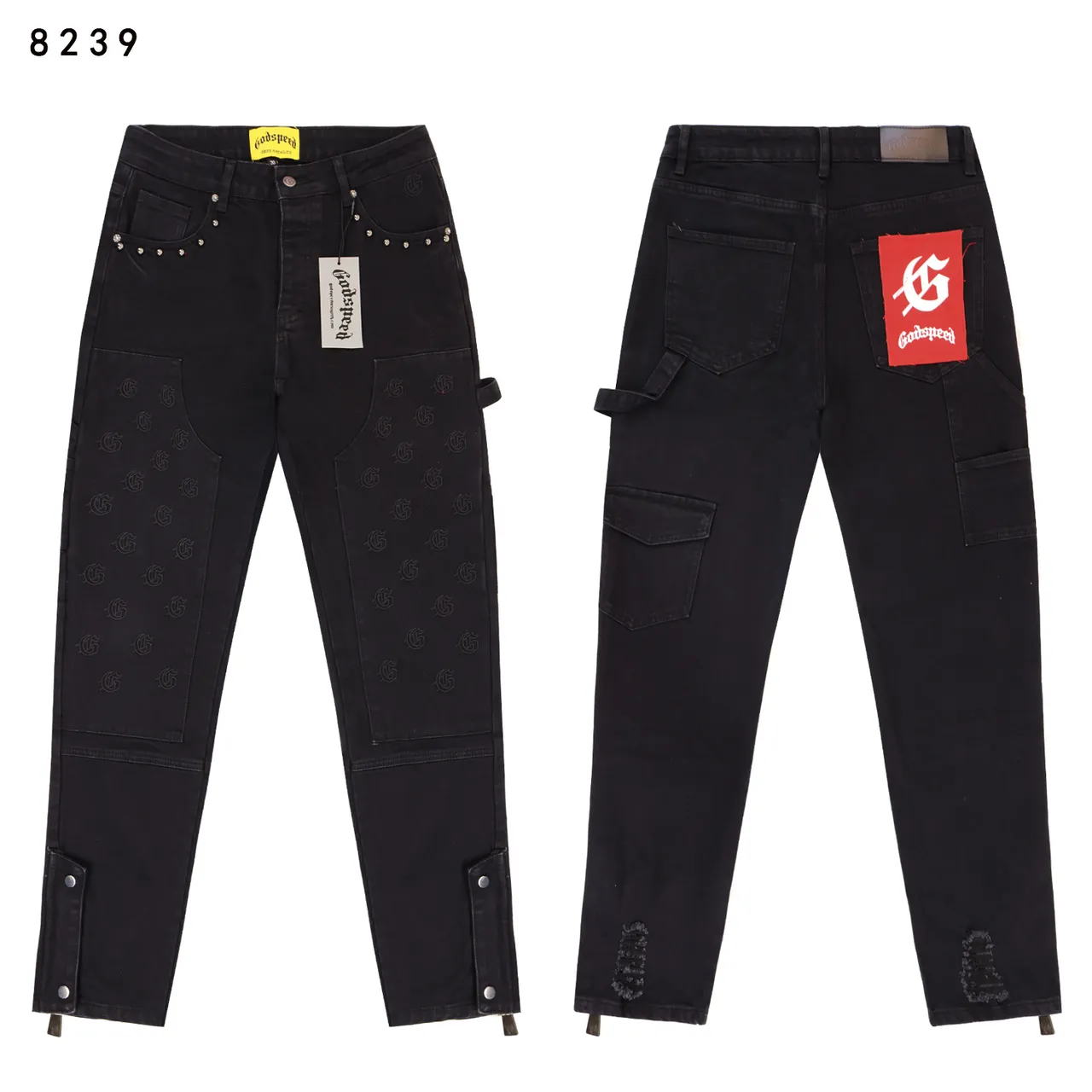 Godspeed Cargo-Pocket Embroidered Knee Panel Black Gray Studded Waistband Jeans