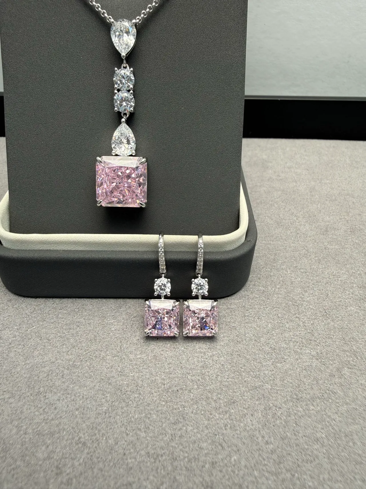 Pink Silver Cushion-Cut Central Stone Halo Of Round Brilliants Necklace