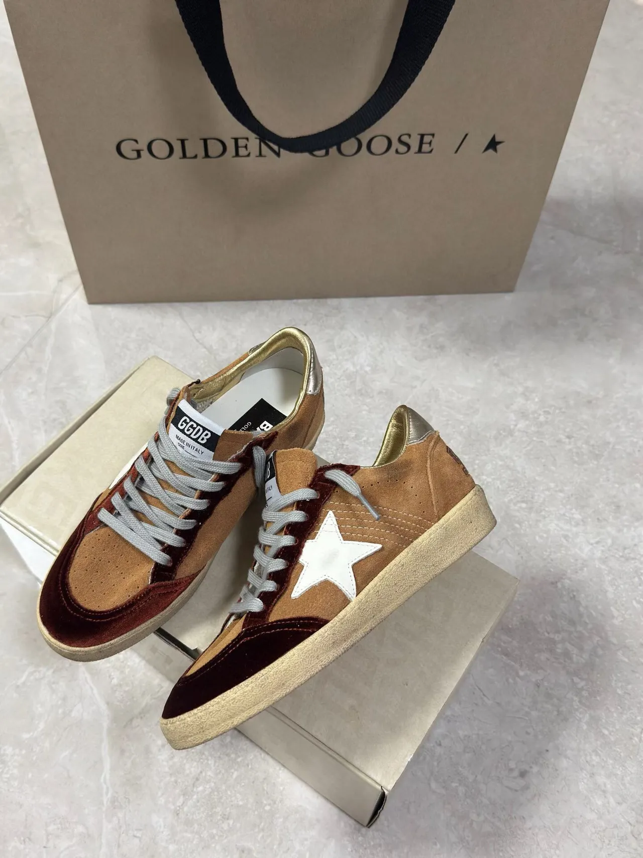 Golden Goose Super-Star Tan and Burgundy Suede Lifestyle Sneakers