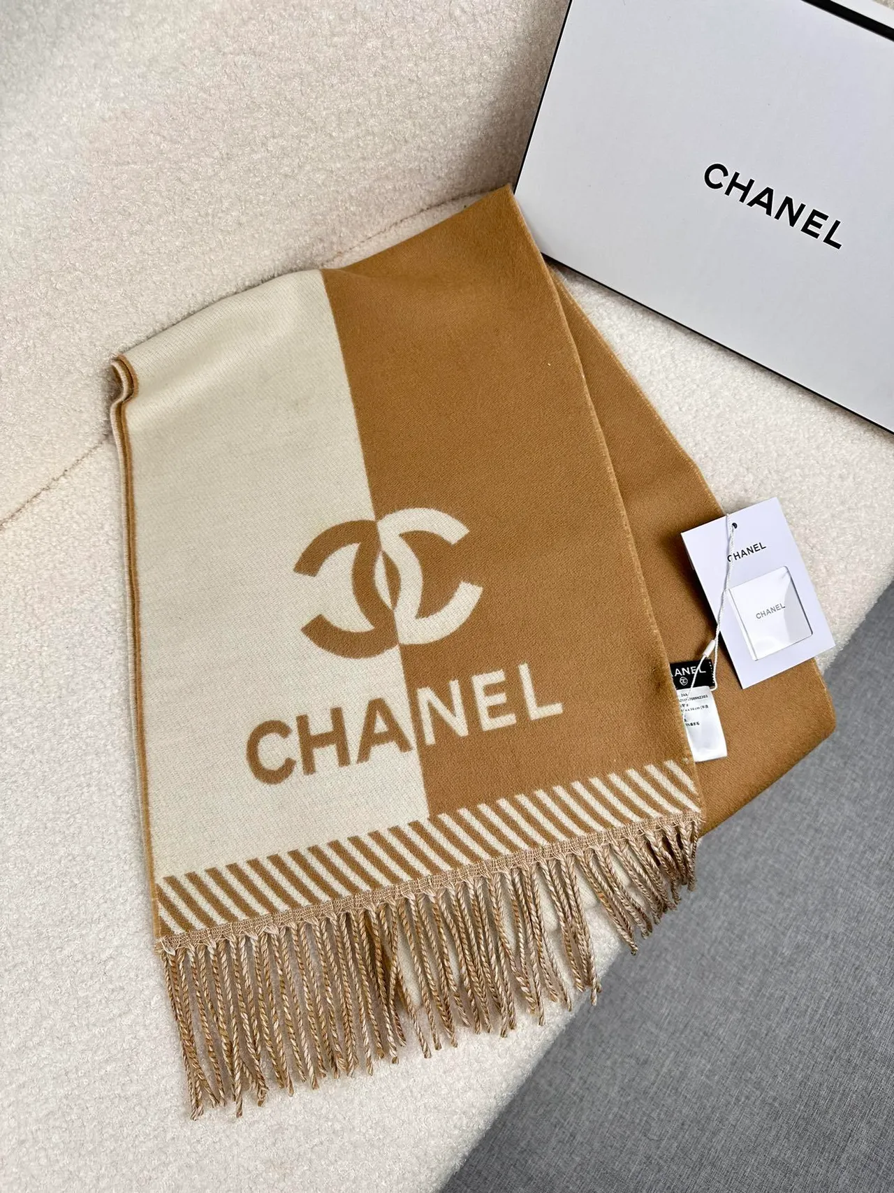 Chanel Monogrammed Beige and Cream Cashmere Scarf