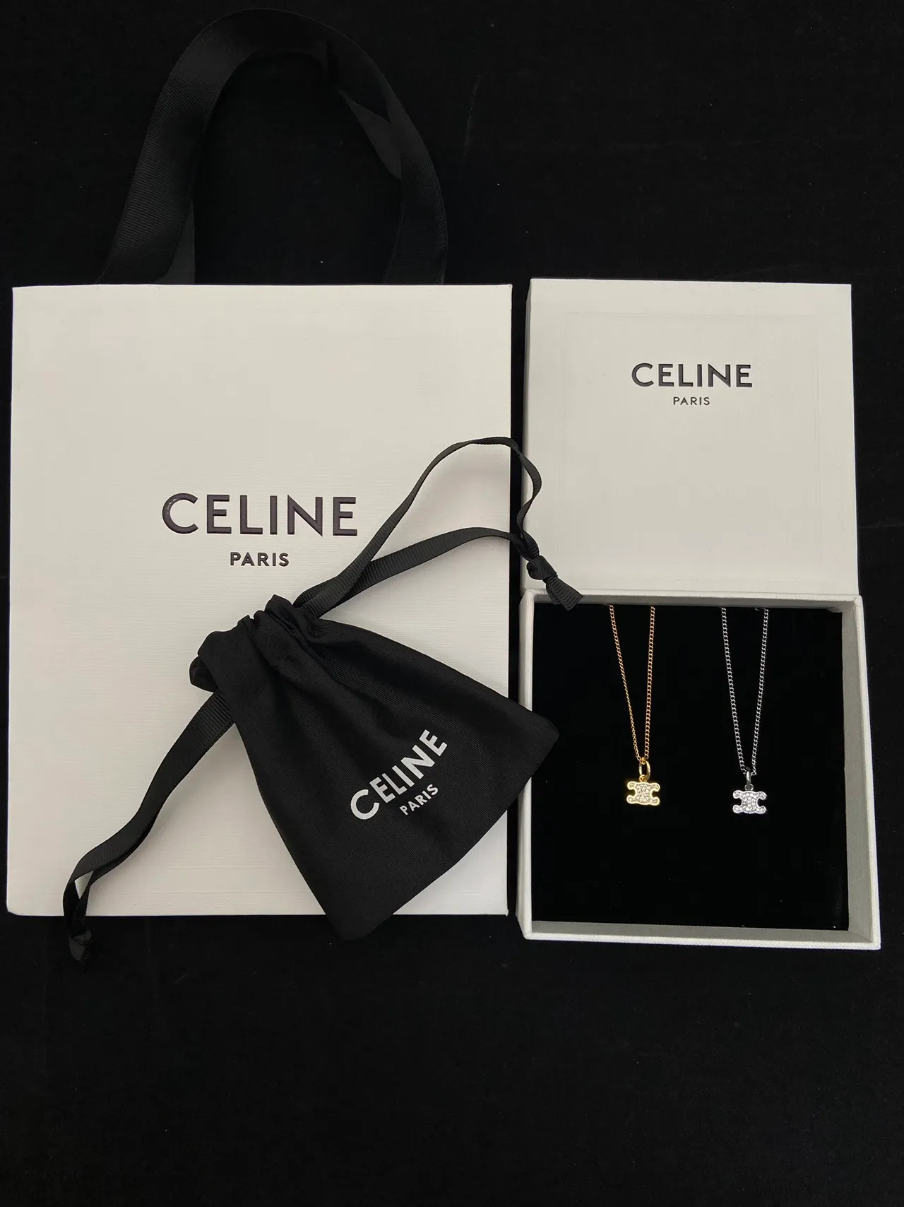 Celine Triomphe Gold Silver Logo Pendant Chain Necklace