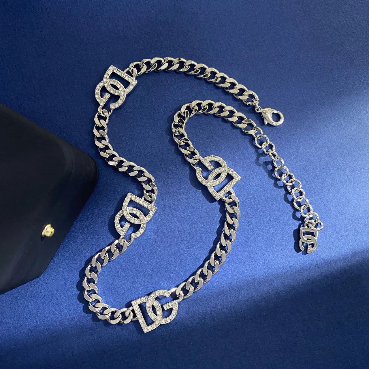 Chanel Logo Chain Rhinestone-Embellished Dual-Tone Necklace