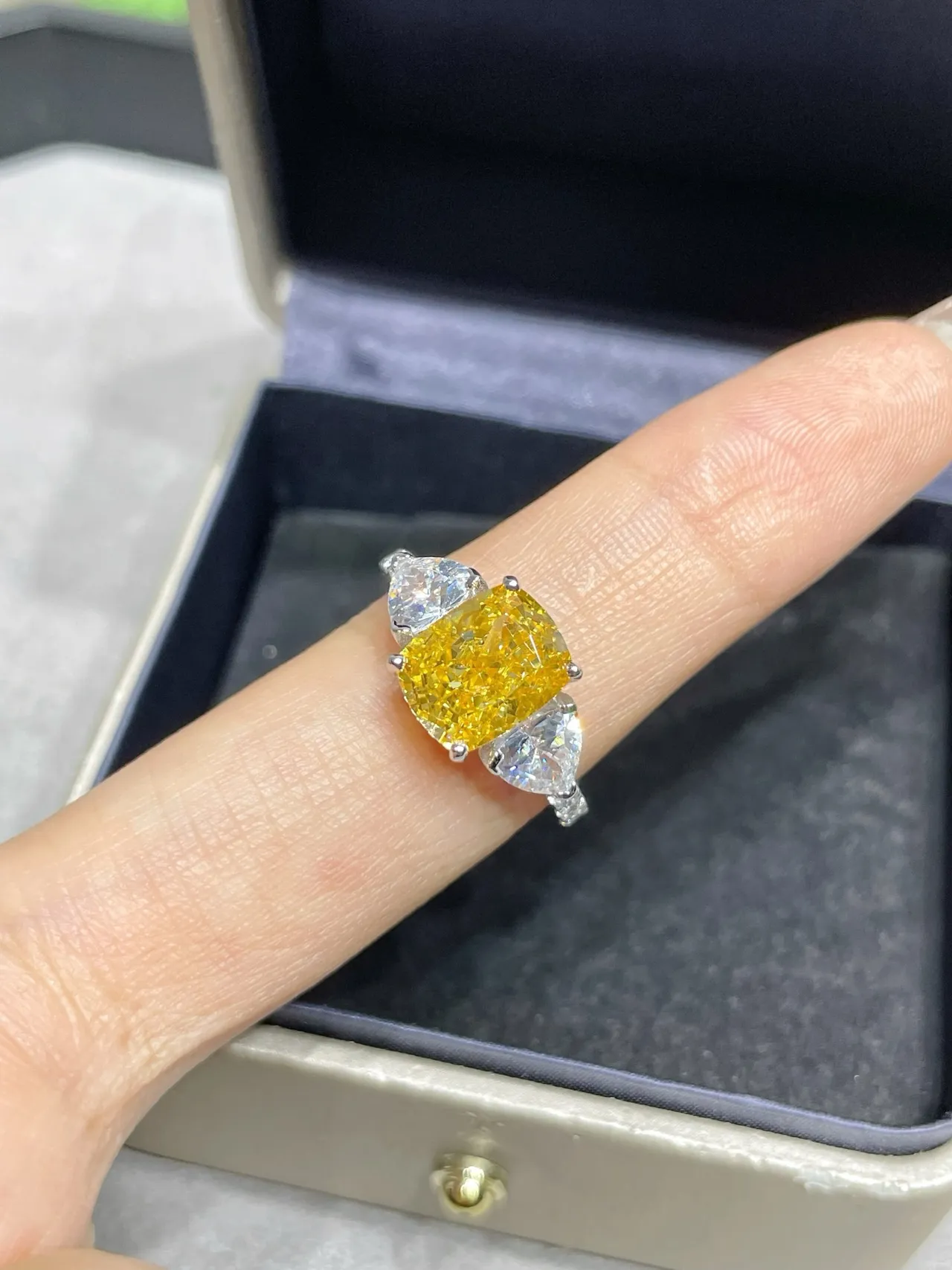 Three-Stone Cushion-Cut Yellow and White Gem Ring