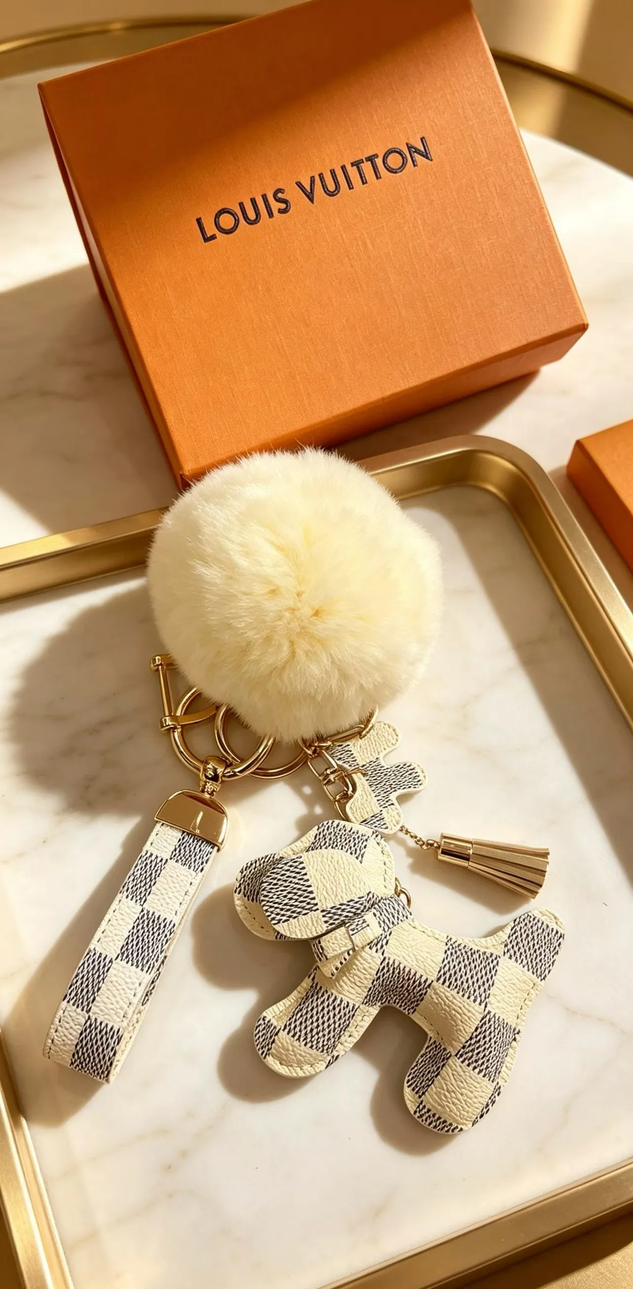 Louis Vuitton Teddy Bear Beige Black Damier Check Leather Pom-Pom Accent Phone Accessory