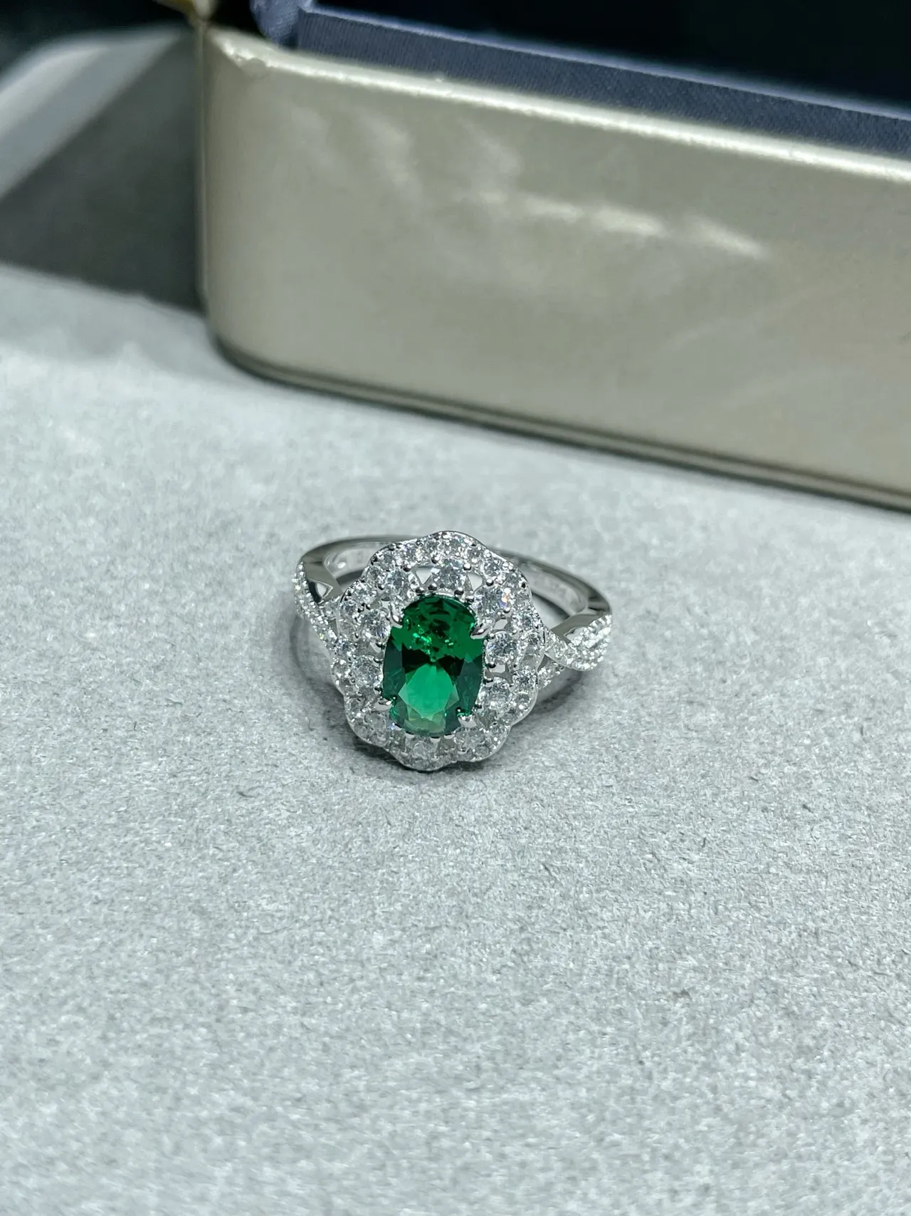 Green Silver Oval-Cut Center Stones Pavé Halo Surround Earrings
