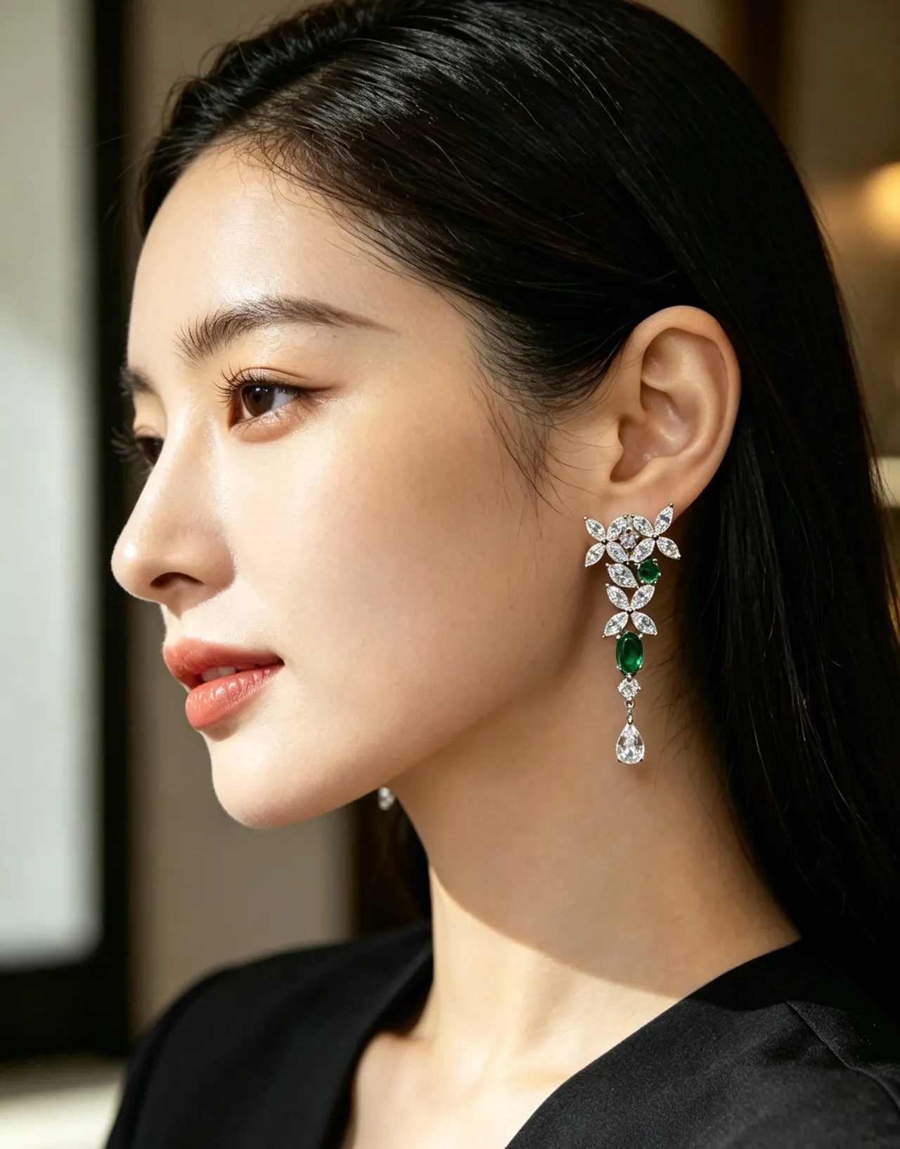 Floral Motif Marquise-Cut Green and Clear Stone Drop Earrings