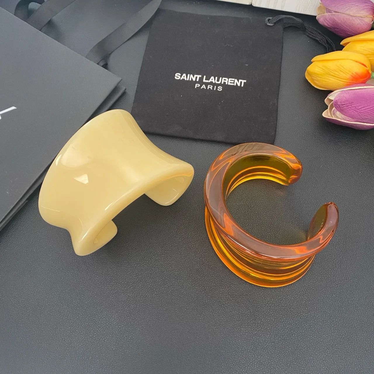 Saint Laurent Beige Orange Sculpted Resin Asymmetrical Cuff Bracelet