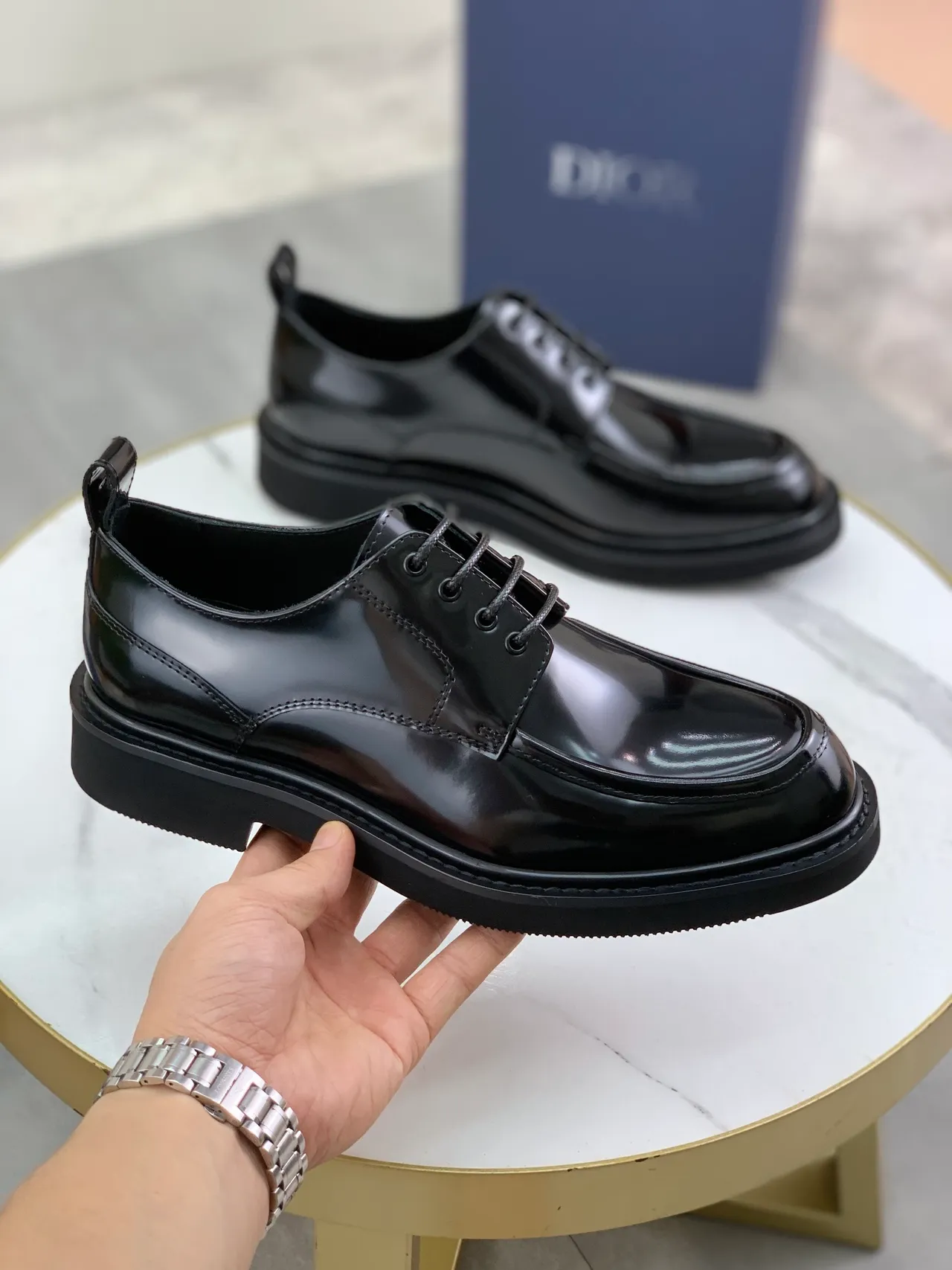 Dior Black Glossy Patent Leather Chunky Platform Sole Derby Shoes