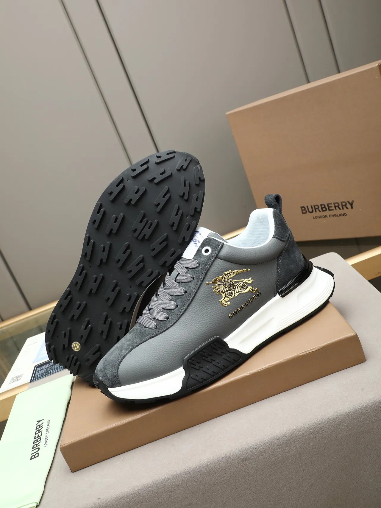 Burberry Knight Gray Suede and Leather Chunky Sneakers