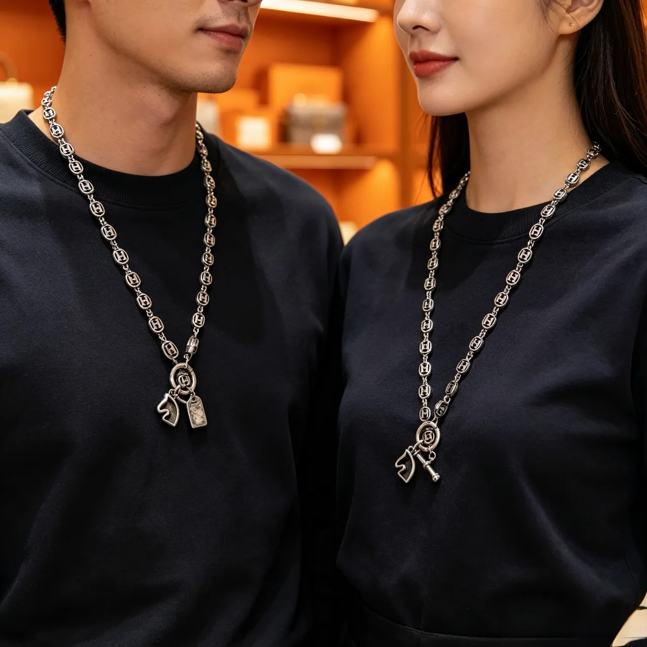 Hermès Silver Black Logo-Link Chain Necklace