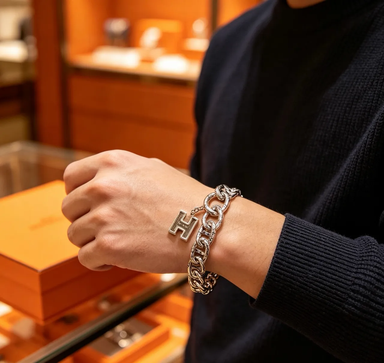 Hermès Chaine d'Ancre Engraved H Motif Silver Bracelet