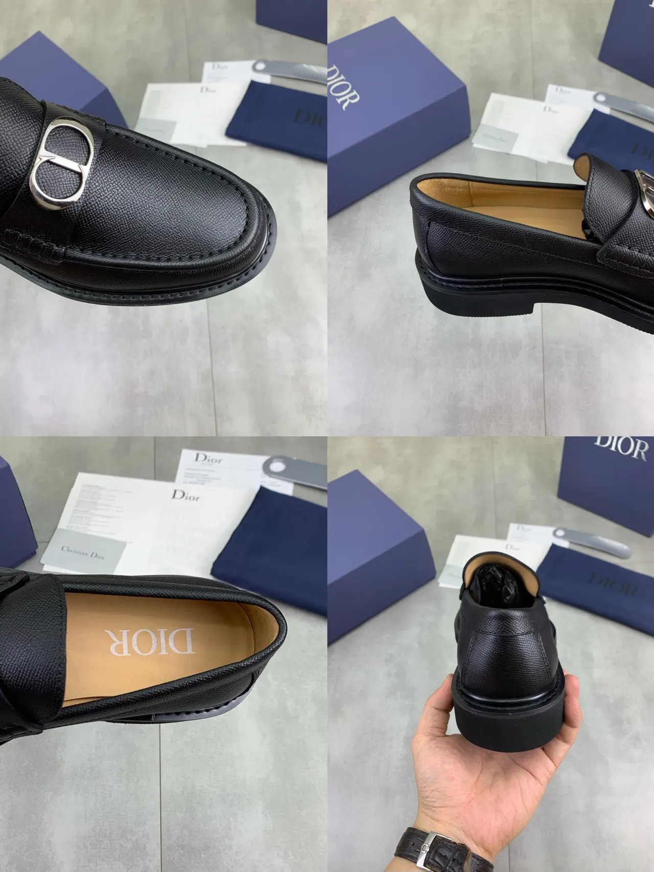 Dior Black Beige Textured Leather D-Shaped Metal Buckle Loafer