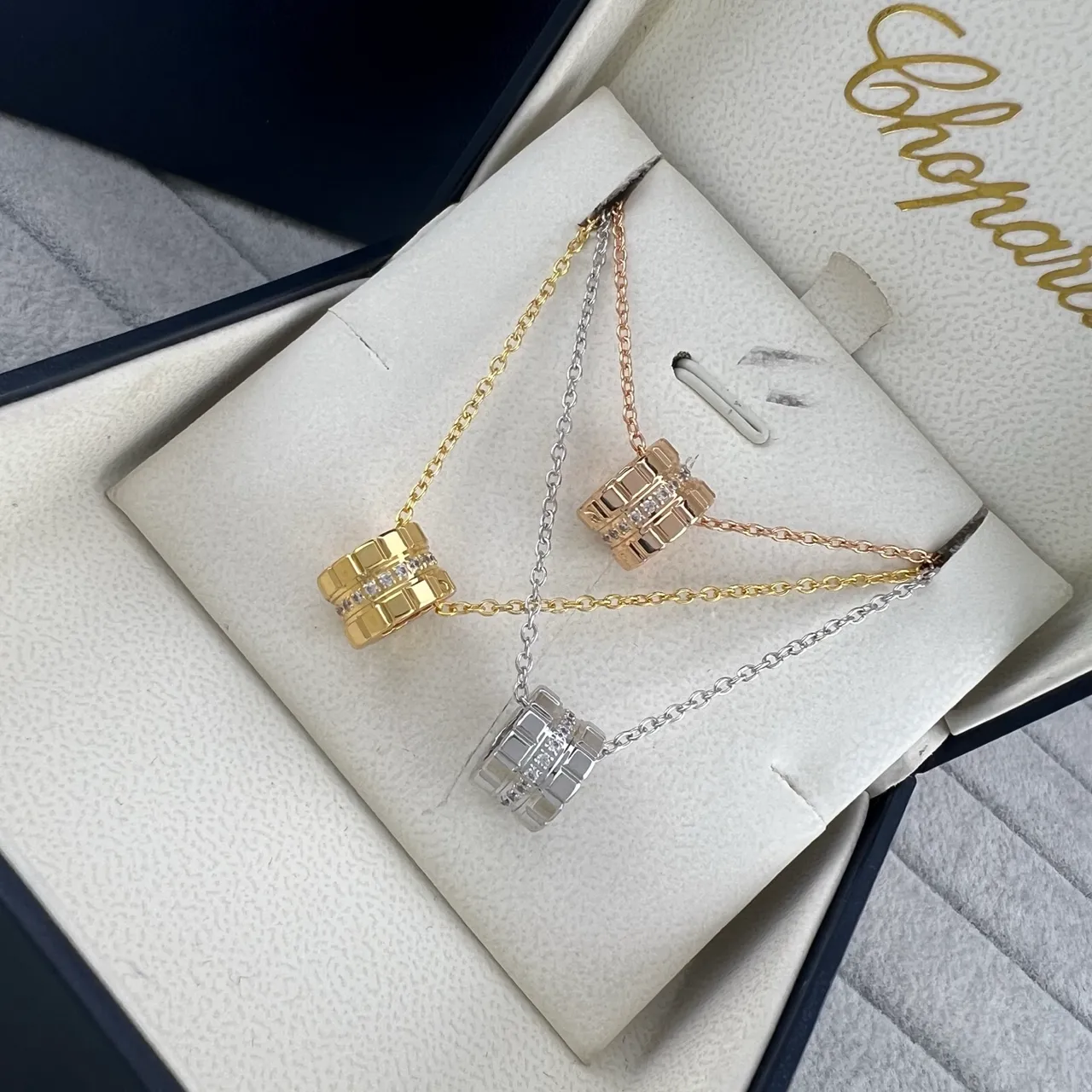 Chopard Gold Silver Geometric Barrel Pendant Pavé-Set Stones Necklace