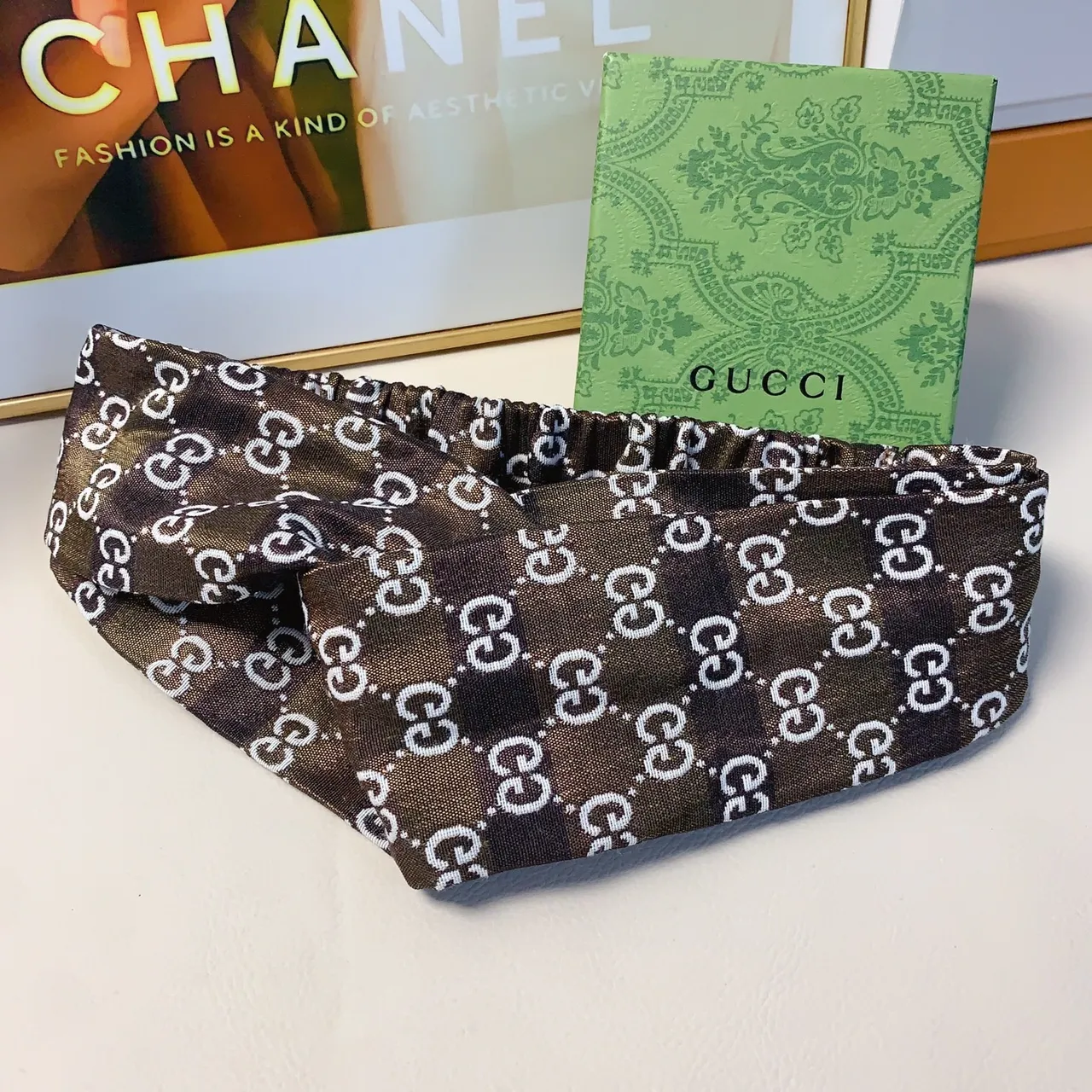 Gucci Multicolor Navy Interlocking GG Monogram Elastic Gathered Center Silk Scarf