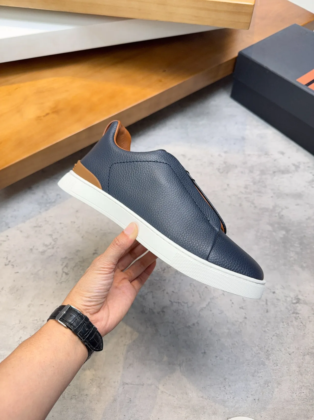 Zegna Navy Pebbled Leather Slip-On Lifestyle Sneakers
