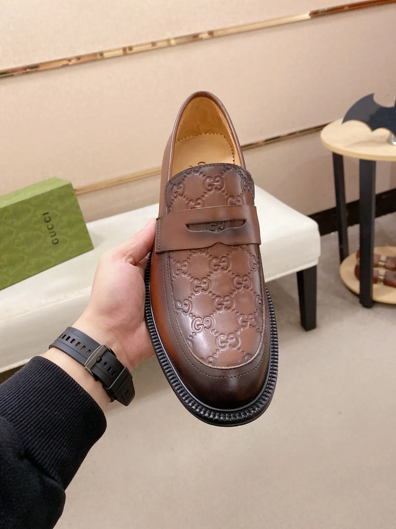 Gucci Brown Green Embossed GG Monogram Moccasin-Stitched Toe Loafer