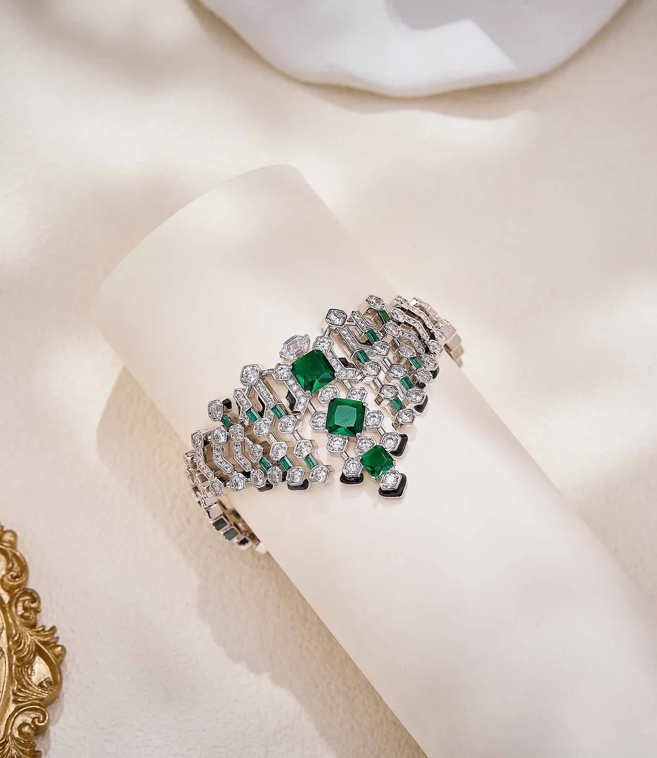 Van Cleef & Arpels Geometric Emerald and Diamond Pavé Multi-Row Bracelet