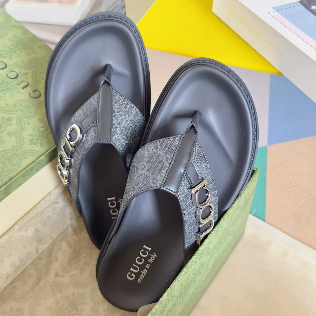Gucci Ophidia Black Gold Embossed GG Monogram Interlocking G Buckles Casual Sandals