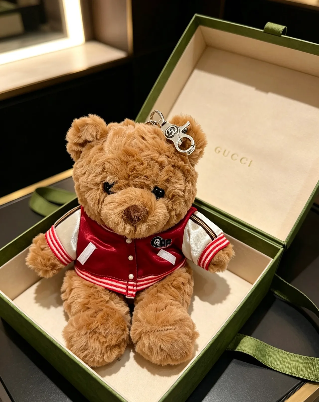 Gucci Brown Red Plush Teddy Bear Varsity Jacket Handbag