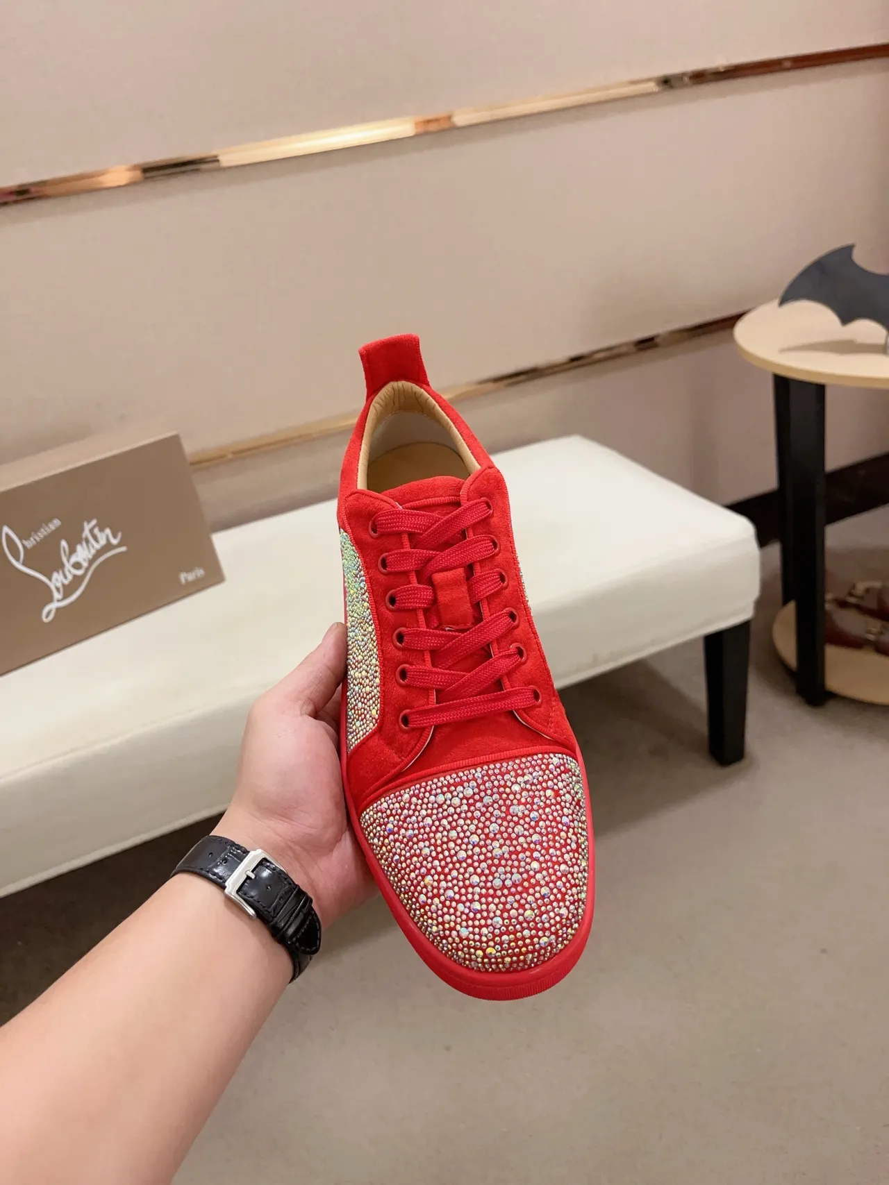Christian Louboutin Louis Crystal-Embellished Red Suede Lifestyle Sneakers